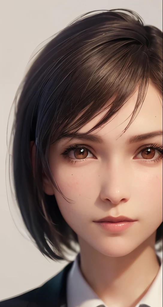 (masterpiece、highest quality、photorealistic、High resolution、photograph、:1.3)、Very close up、sharp focus、30 year old mature woman、small face、no makeup、hot models、Highly detailed eyes and pupils、realな肌、slim body shape、short cut hair、dark brown hair、delicate and sexy face、sensual gaze、glossy lips、(He is wearing a white collared shirt with the top button undone。、small breasts、bust B cup、No bra、pendant wear、((real、超real、real、realなディテール))、cool beauty、sexy style、gray background