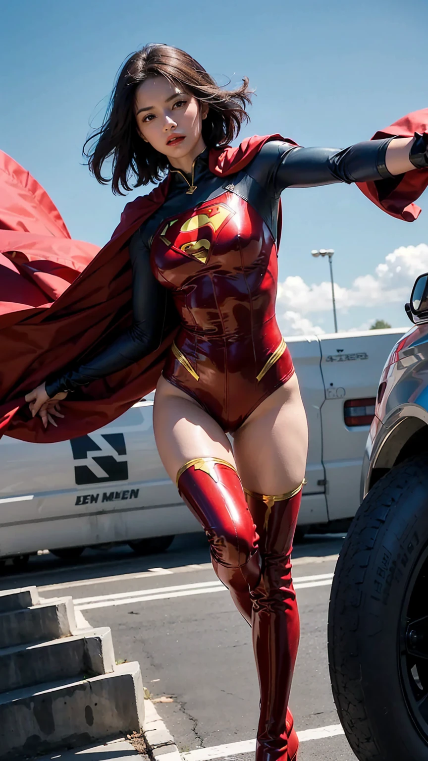 Woman wearing detailed and glossy SuperMan costume with full sleeves covering the entire body, short black hair, serious face, (flying in sky), vivid colors, dramatic lighting, red cape, cinematic costume, carbon fiber detailed suit,red boots,red over-the-knee boots,long legs，slender legs，full budy picture