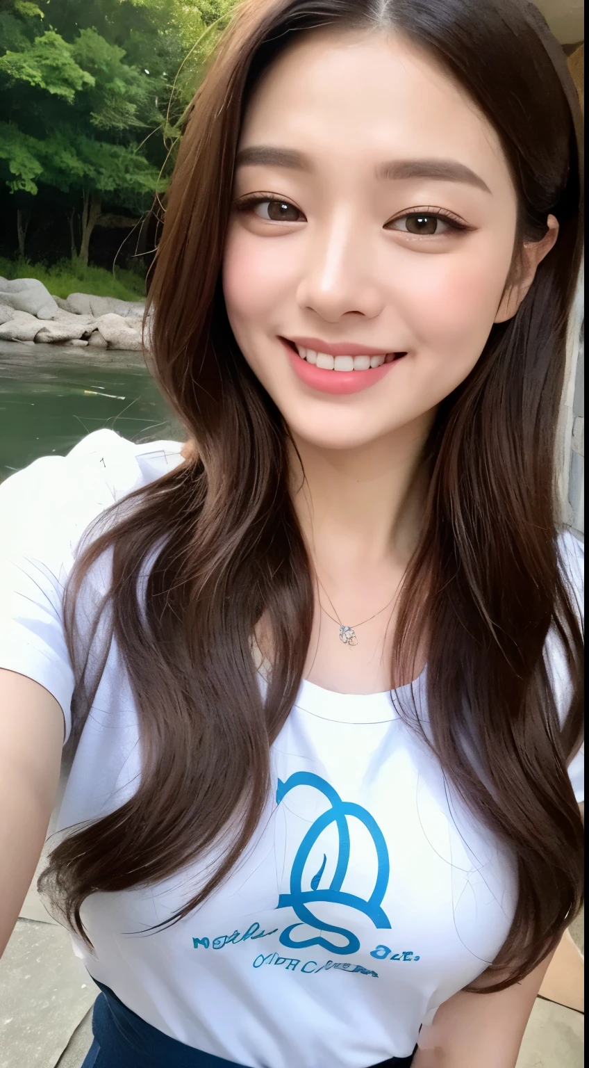 ((highest quality、8K、masterpiece:1.3))、Shot in a crystal clear river、blue eyes、beautiful feet、white t-shirt、skirt、gal makeup、1 girl、beautiful japanese woman:1.3、long hairstyles、Breasts out:1.2)、Red monokino:1.2、beautiful woman with perfect style:1.4、perfect eyes、even number、perfect iris、perfect lips、natural smile、perfect skin、please don't polish、super detail face、delicate eyes、double eyelid、laughter、Pichi Pichi T-shirt