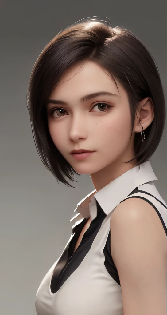 (masterpiece、highest quality、photorealistic、High resolution、photograph、:1.3)、Very close up、sharp focus、30 year old mature woman、small face、no makeup、hot models、Highly detailed eyes and pupils、realな肌、slim body shape、short cut hair、dark brown hair、delicate and sexy face、sensual gaze、glossy lips、(He is wearing a white collared shirt with the top button undone。、small breasts、bust B cup、No bra、pendant wear、((real、超real、real、realなディテール))、cool beauty、sexy style、gray background