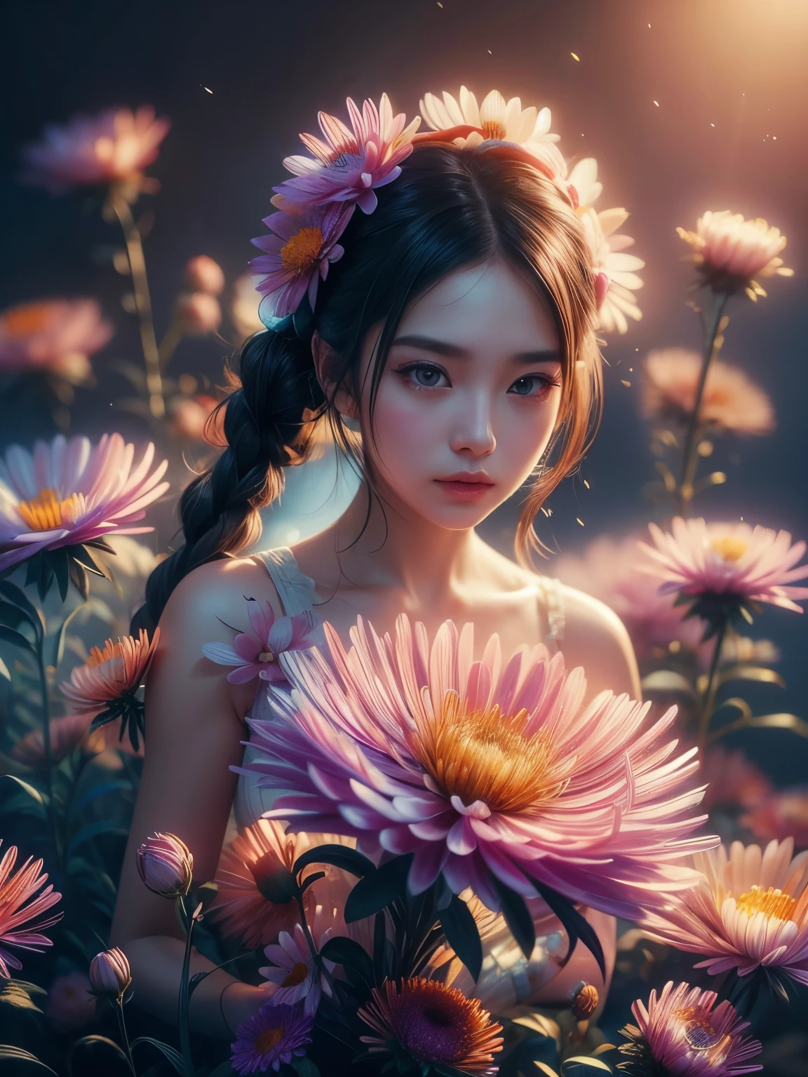 (high quality), (masterpiece), (detailed), 8K, Hyper-realistic portrayal of a futuristic (1girl1.2), Japanese character adorned with delicate aster flowers. Meticulous details capture the seamless fusion of nature and technology in this visually stunning composition. Trending on Artstation.