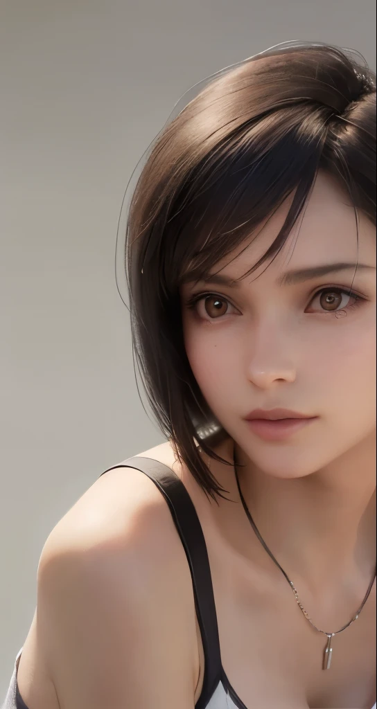 (masterpiece、highest quality、photorealistic、High resolution、photograph、:1.3)、Very close up、sharp focus、30 year old mature woman、small face、no makeup、hot models、Highly detailed eyes and pupils、realな肌、slim body shape、short cut hair、dark brown hair、delicate and sexy face、sensual gaze、glossy lips、(He is wearing a white collared shirt with the top button undone。、small breasts、bust B cup、No bra、pendant wear、((real、超real、real、realなディテール))、cool beauty、sexy style、gray background