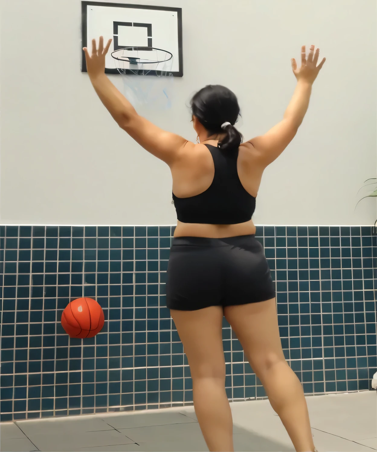 woman in black shorts and black top playing basketball, shot from behind, long distance shot from behind, dunk, leg and hip kick, full body centered rear kick, hip and leg kick, long distance shot from behind, back arched, back kick, sports bra and black shorts, tank top and tight black shorts, back and standing. Fit girl. Full body photo, clear photo, high quality, high resolution, masterpiece, 8K.