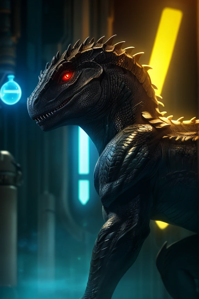 (jurassic world, jurassic park, ghost in the shell), solo (feral ebony odogaron, scales, red sclera, smile:1.25), (standing, side view, bioluminescence, half-length portrait:1.3), (detailed background, depth of field, shadow, ambient silhouette, backlighting), BREAK, (science fiction, scientific experiment, yellow light:1.3), [jungle, plant, night, light], masterpiece, best quality, ultra realistic, 4k, 2k, (high detail:1.25), film photography, soft focus, RAW photo, photorealistic, analog style, subsurface scattering, photorealism, absurd res
