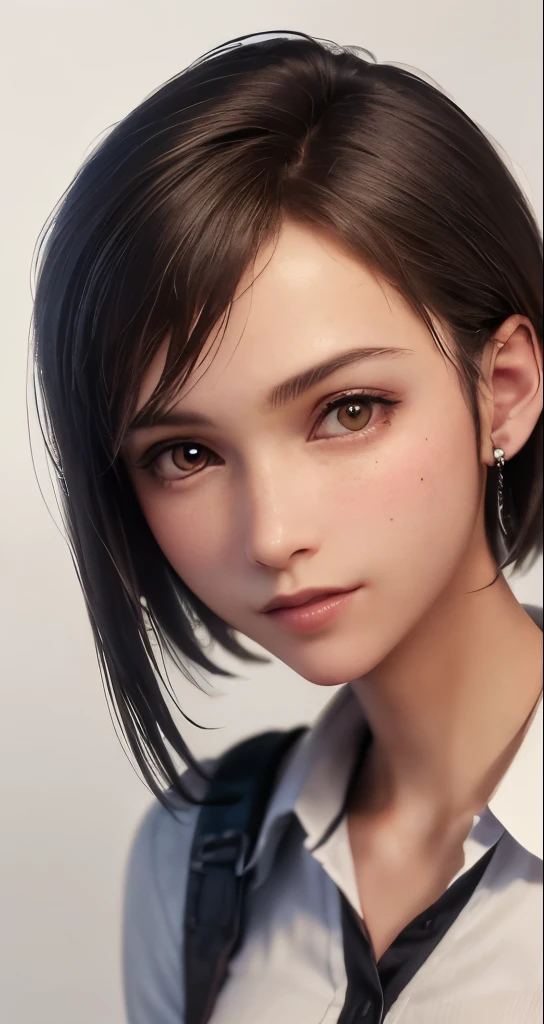 (masterpiece、highest quality、photorealistic、High resolution、photograph、:1.3)、Very close up、sharp focus、30 year old mature woman、small face、no makeup、hot models、Highly detailed eyes and pupils、realな肌、slim body shape、short cut hair、dark brown hair、delicate and sexy face、sensual gaze、glossy lips、(He is wearing a white collared shirt with the top button undone。、small breasts、bust B cup、No bra、pendant wear、((real、超real、real、realなディテール))、cool beauty、sexy style、gray background