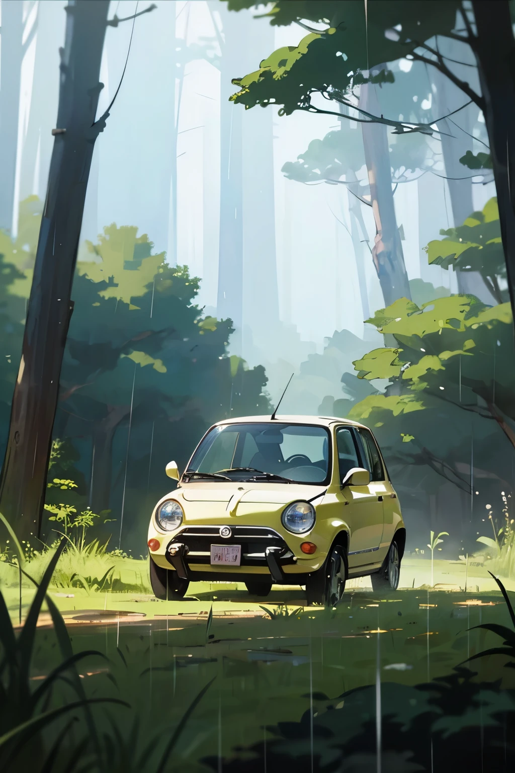 Toriyama Meifeng、深いforestに迷い込んだfiat500、A distant car that looks small、car that looks small、watching from a distance、深いforestの中、forest、forestForest、Forest、wood々、wood、深いforest、rain、Forest道、土砂降りのrain、Forest道に停車しているスバル360、drawing drawing、もっとdrawing drawing、もっともっとdrawing drawing、手前にもwood々、A layer of grass in the foreground