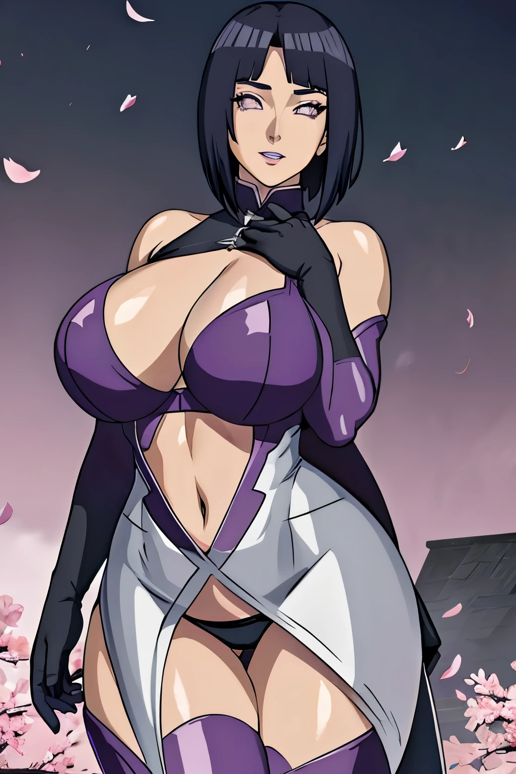 masterpiece, absurdres, hinata\(boruto\), 1girl, solo,mature female, looking at viewer, (falling petals), perfect composition, detailed lips, gigantic breast, beautiful face, body propotion, (pink lips), short hair, purple eyes, soft gaze, super realistic, detailed, photoshoot, realistic face and body, ((helloutfit:1.1), underboob, elbow gloves, thigh boots, highleg panties, bare shoulders, curvy, midriff, curvy, thighs, higheels, shiny clothes), gigantic breasts, curvy, cowboy shot, bare shoulders, cleavage, seductive smile