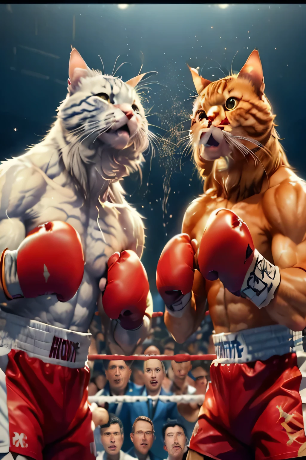 two Cat in boxing costumes are struggleing with each other, new Cat movie, boxing match, Get into a struggleing stance, Amazing computer generated, struggle, bubble visual effect, Cat, Houdini visual effects, close-up fight, Fierce fighting, boxing, Hyperrealistic computer graphics, Incredible visuals, 他们非常愤怒地struggle, cgi special effects, television, realistic images, boxing struggle, knockout punch