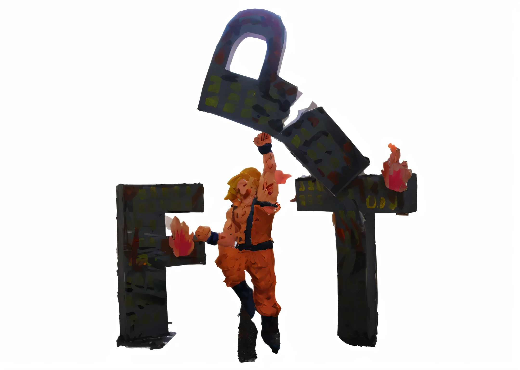 there is a man holding a giant letter in the air, from ff7, ff 7, ( ( bit flip | god of ai art ) ), nft art, tf2, tf 2, epic multifigures composition, furaffinity commission, fit pic, female protagonist, fujita goro!, fan art, cut out collage, lit from bottom, fighter pose, give behind the background of letters like Dragon Ball Z