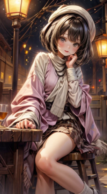 tmasterpiece、8K、32K、quality、(detailed eyes)、Long brown hair，colours，(A lovely Japanese woman、through bangs)、23years old、1 girl in、Elegant、(Detailed background depiction、Potrat:1.2)、(bob cuts:1.3)、(lamplight、Yuki:1.4)、(slalom:1.2)、(wool poncho、Plaid mini skirt、upper legs, upper legs, upper legs:1.2)，(face flushed、cheerful:1.4)、(Look from the bottom up:1.3)