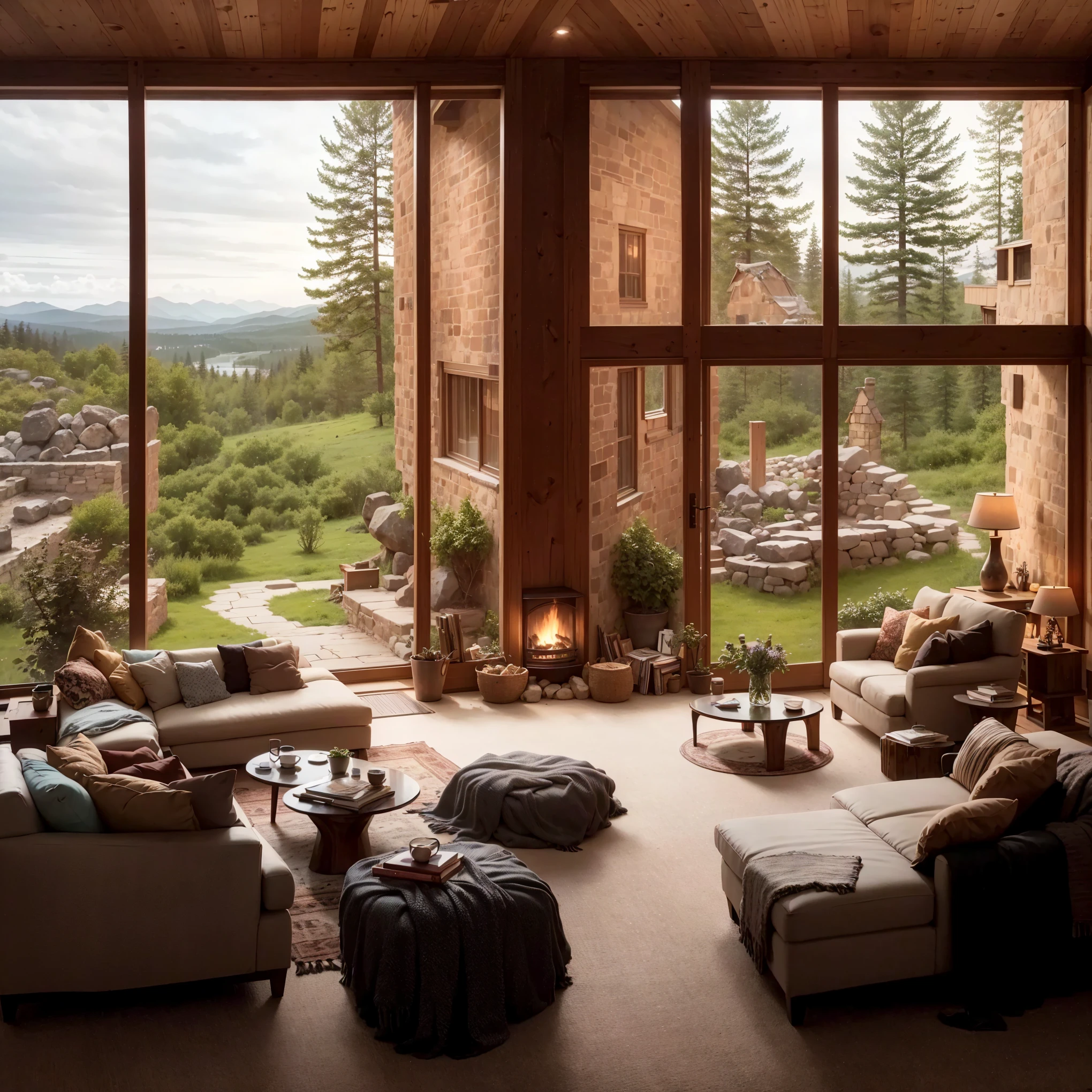 THIS EVENING WOODEN CABIN LIVING ROOM ANIME BACKGROUND, (COZY ATMOSPHERE), (SUBTLE LIGHTING), BRIGHT STONE FIREPLACE FIRE, LIONSKIN RUG THIS EVENING BEST QUALITY, TRANSPARENT GLASS WINDOWS