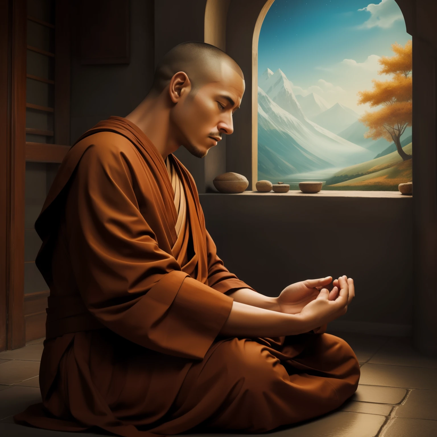 A lone monk in deep contemplation,
Just by himself, lost in thought,
Amazingly captured, the poet himself,
Absorbed in the beauty of love's enchantment.
A realistic depiction of a monk meditating,
Alone in his thoughts, engrossed in bliss,
The painter himself skillfully portrays,
His profound connection to the love's splendor.