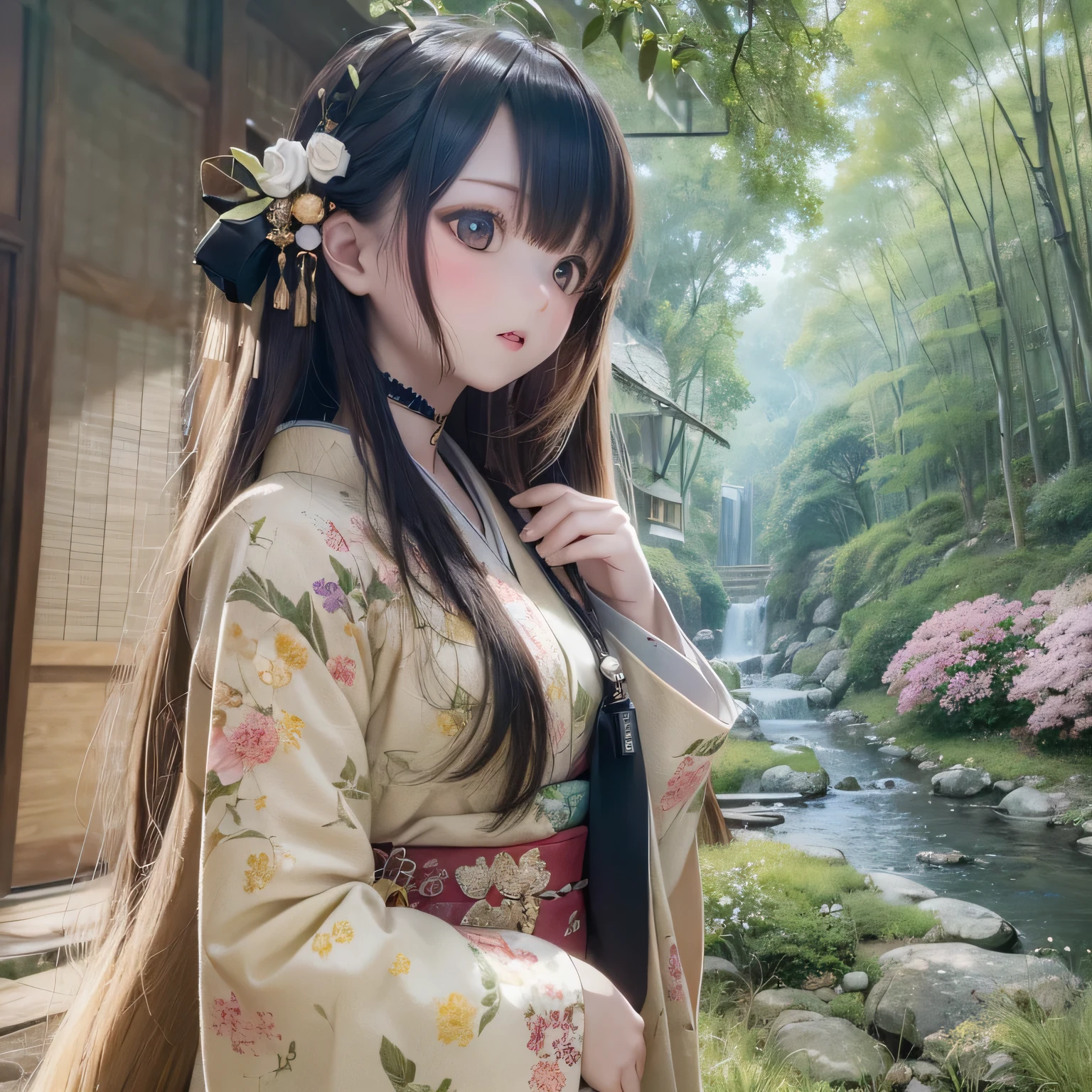 (High resolution, realistic:1.2),(detailed and beautiful eyes,beautiful detailed lips,highly detailed eyes and face,long eyelashes),(rural scenery,calm atmosphere),(Shiba Inu girl:1.1),(soft lighting),(oil painting style),(Lush green fields,Quiet river),(traditional japanese house),(flowing traditional kimono),(colorful flowers),(birds flying in the sky),(bamboo forest),(sunlight filtering through the trees)(((Cherry tree in full bloom)))princess cut