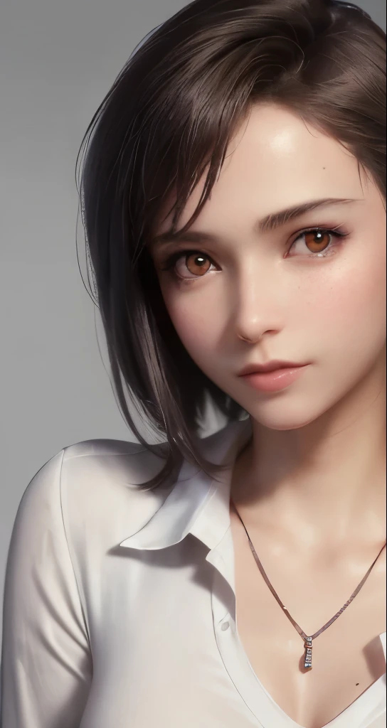 (masterpiece、highest quality、photorealistic、High resolution、photograph、:1.3)、Very close up、sharp focus、30 year old mature woman、small face、no makeup、hot models、Highly detailed eyes and pupils、realな肌、slim body shape、short cut hair、dark brown hair、delicate and sexy face、sensual gaze、glossy lips、(He is wearing a white collared shirt with the top button undone.)、small breasts、bust B cup、No bra、pendant wear、((real、超real、real、realなディテール))、cool beauty、sexy style、gray background