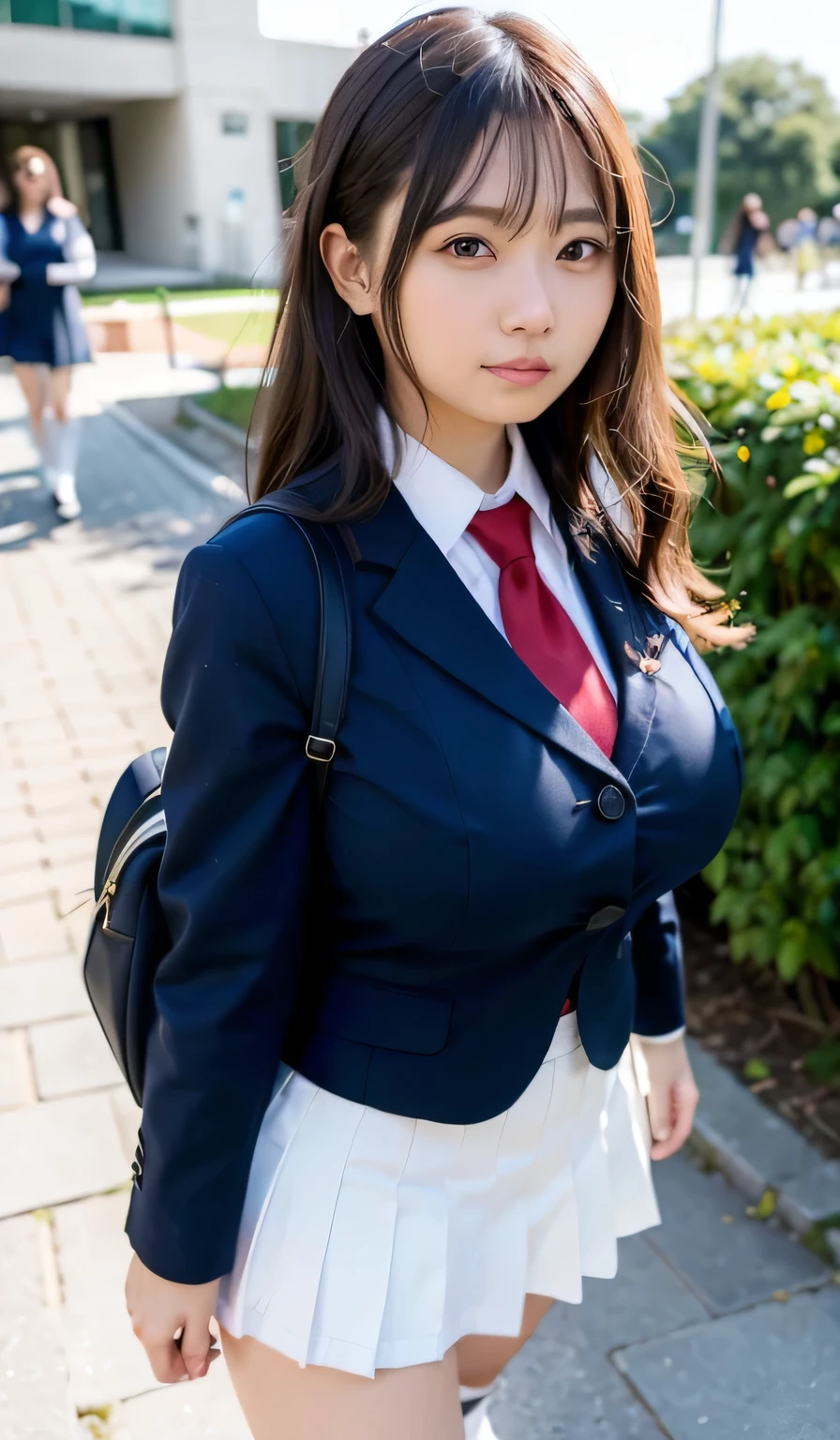 (big breasts:1.3), straight hair, 1 girl, beautiful, cute, professional lighting, highest quality, well-groomed face,(on campus:1.5),beautiful woman, (school uniform:1.5), beautiful,(Are standing:1.2)
