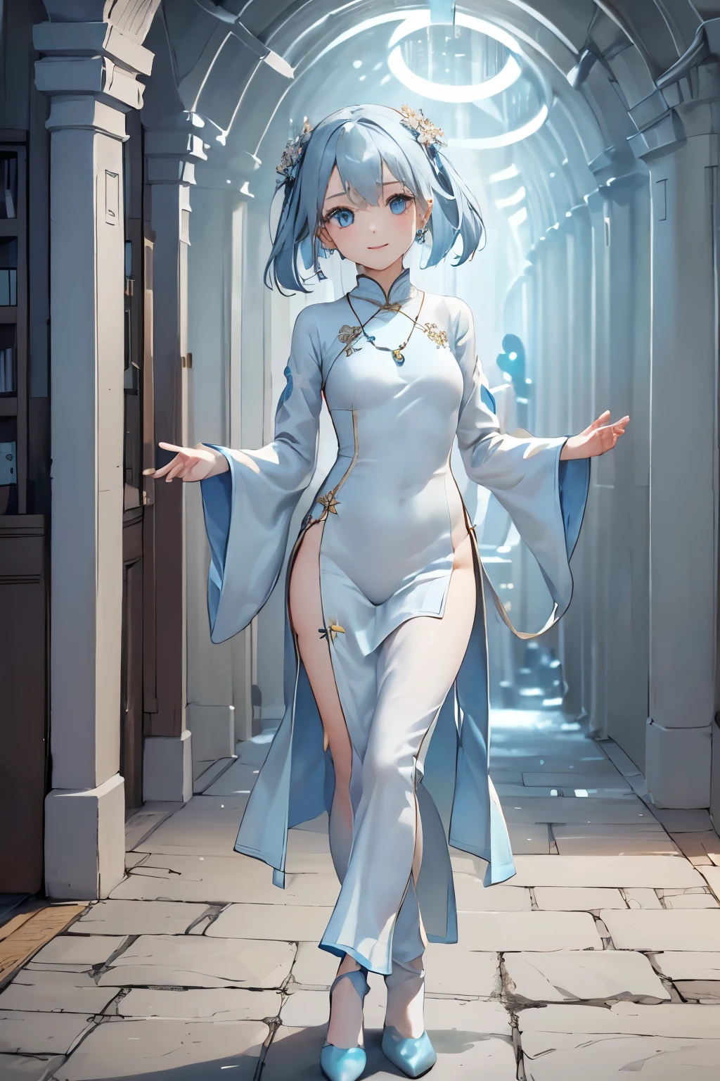 ((Biologically correct number of limbs))、(( Full body photo including face))、((head to toe photo))、full body standing、[NSFW]、4K、masterpiece、((focus on the face))、((Symmetrical facial features))、Eyes of minute description、Beautiful woman、outstanding style、beautiful clavicle、beautiful legs、(small ass、thin thighs）、(pumps）、Detailed depiction of faces、small earrings、necklace、((The costume is light blue ao dai))、Scenery inside the tunnel、clear、、smile、looking cold、The fingers of one hand are５Book、