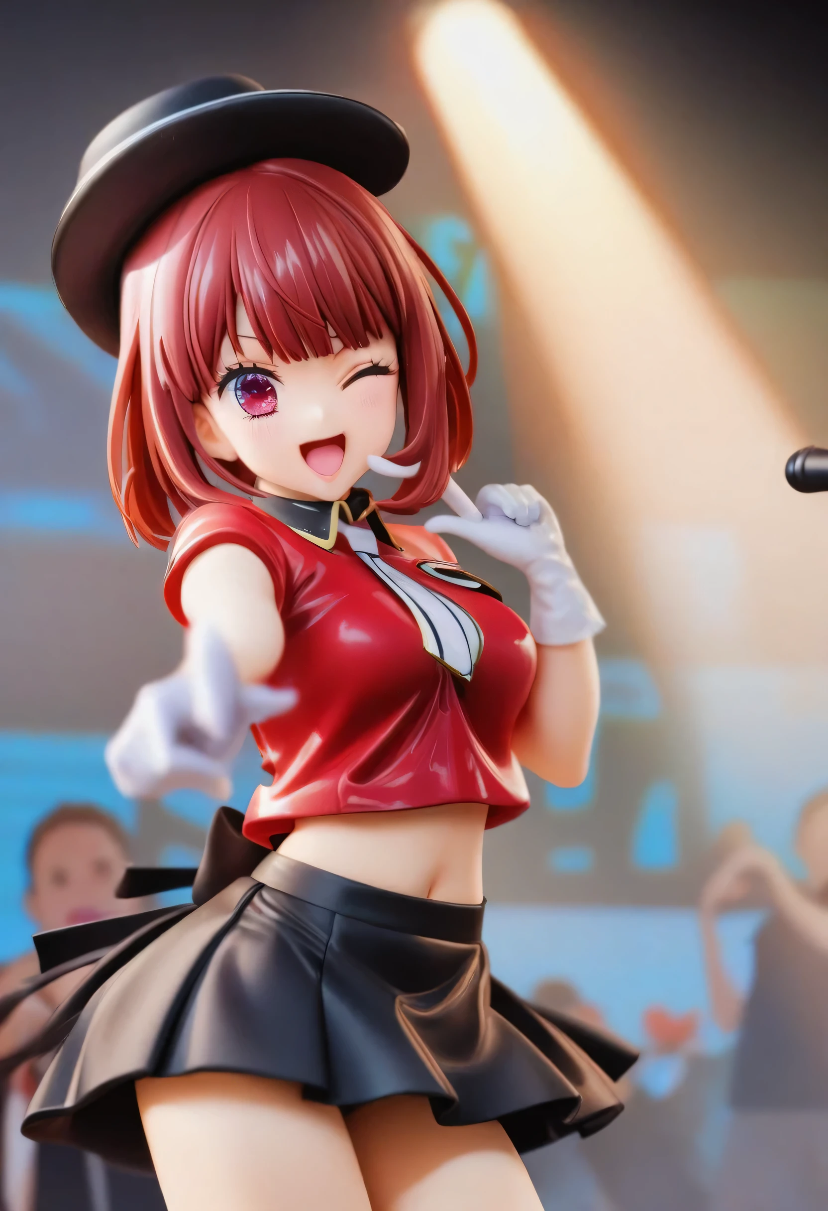 1 girl, He trained four, Son of Shinobu, alone, Idol, Idol clothes, one eye closed, red shirt, black skirt, black headdress, Gloves, stage lights, Sing, open mouth, crowd, Smile, Point to viewer, masterpiece, best quality