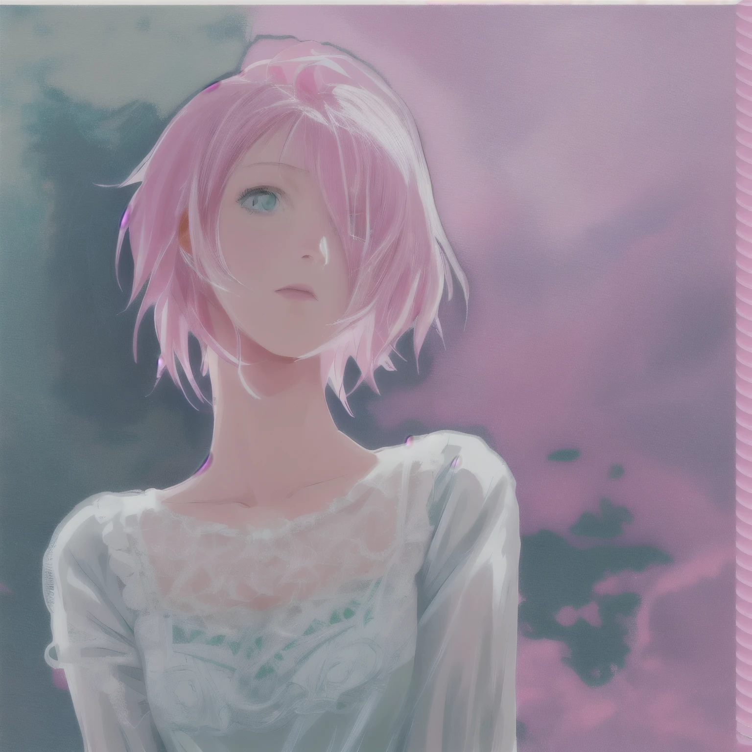 anime girl with pink hair and green eyes in white dress, with pink hair, made with anime painter studio, painted in anime painter studio, semirealistic anime style, speedpaint, cute girl with short pink hair, pink girl, digital anime art!!, lowres, some pink, anime style portrait, unknown artstyle, pink twintail hair and cyan eyes