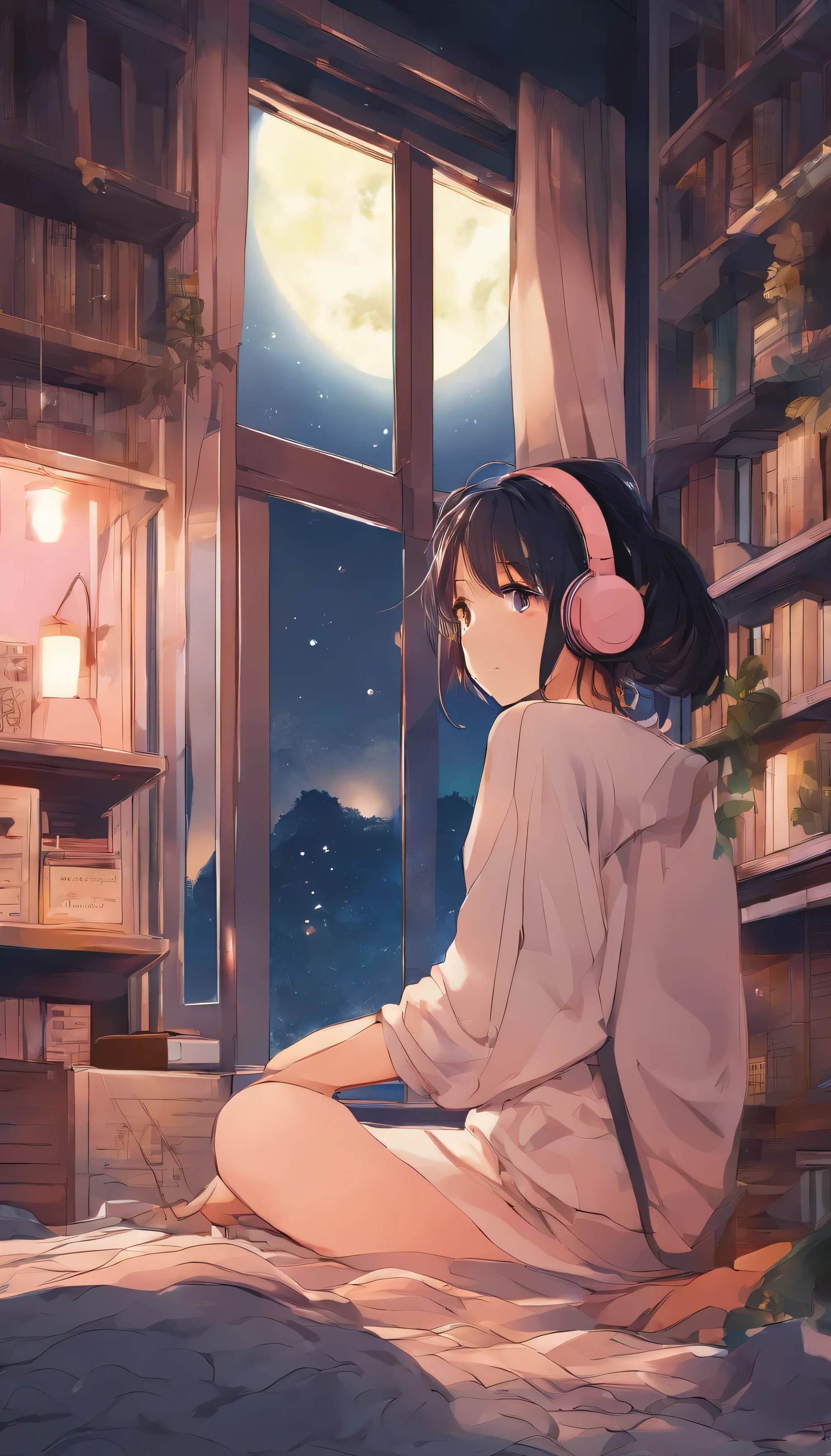 high quality、High resolution、8K、night、Girl listening to music in a cozy room, 2D anime style, lo-fi, hard disk, dark environment