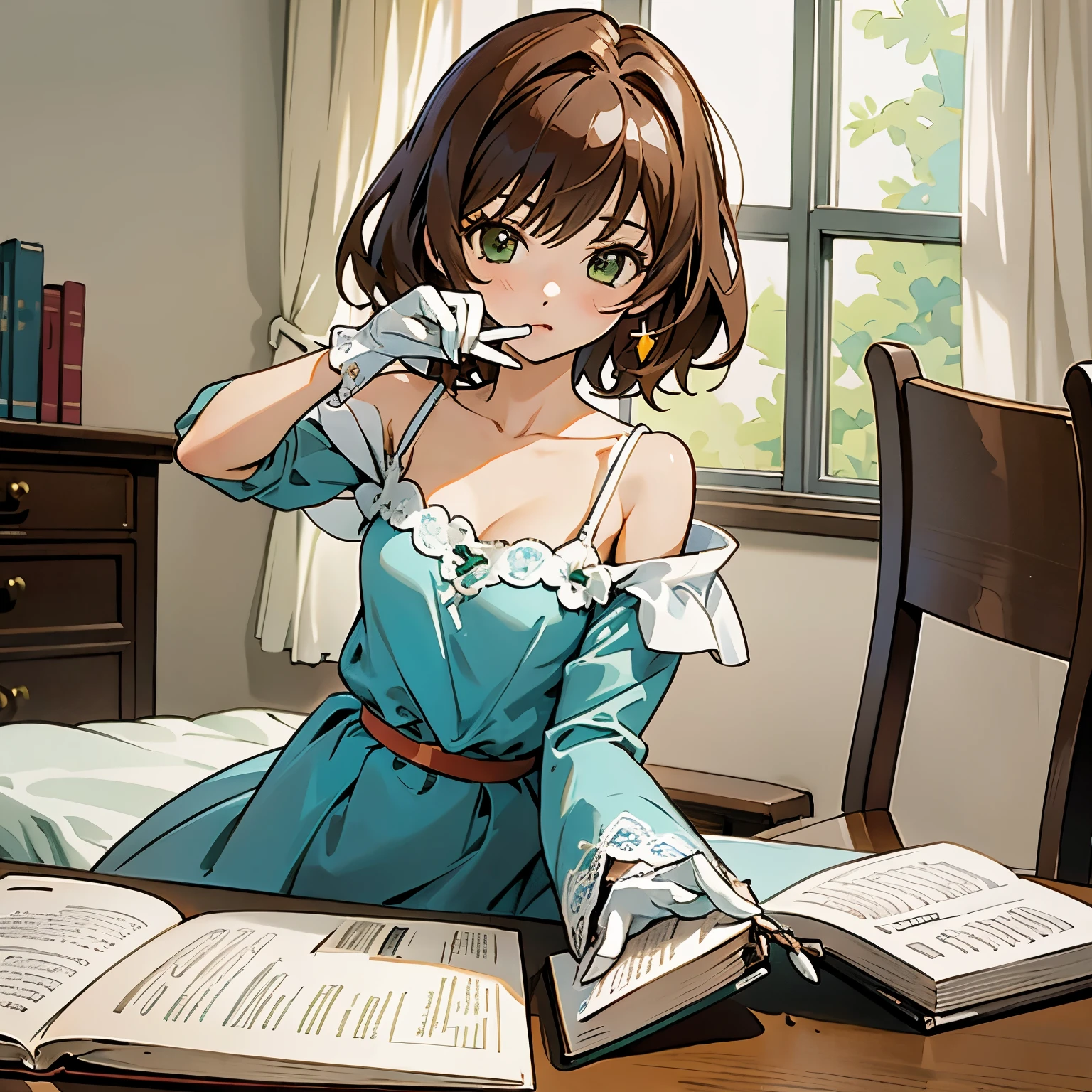 shoko sashinami, valvrave, masutepiece, Best Quality, Ultra-detailed, 1 girl, brown hair, green eyes, white gloves of right hands, underwear,  dress, lace dress, blue camisole, white sweater, half-sleeves, off-shoulder sleeves, Metamorphosis is exposed, Bedroom, bed, desk, paper, book, pen, quill on the desk, holding a pen in the right hand, sitting on a chair