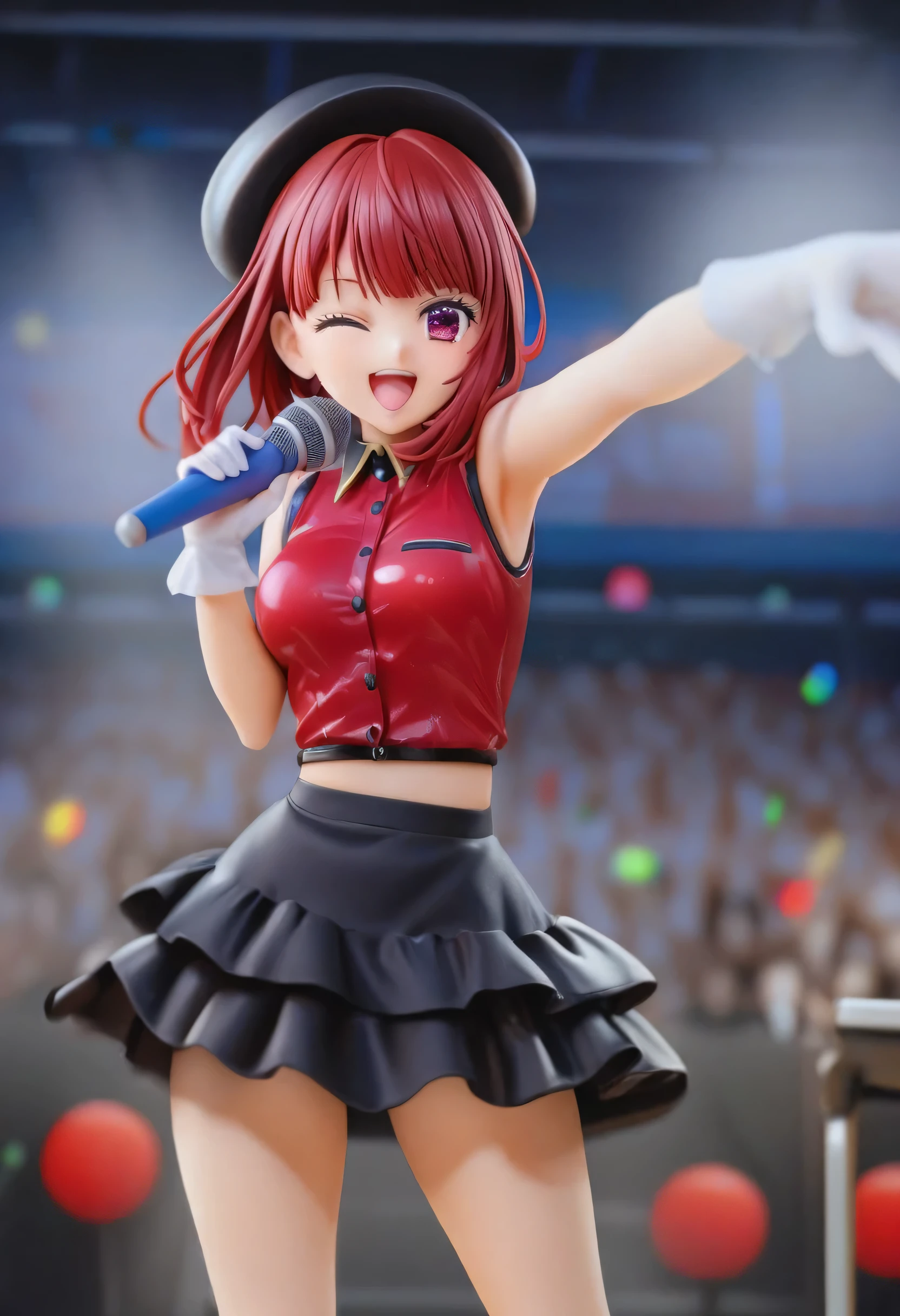 1 girl, He trained four, Son of Shinobu, alone, Idol, Idol clothes, one eye closed, red shirt, black skirt, black headdress, Gloves, stage lights, Sing, open mouth, crowd, Smile, Point to viewer, masterpiece, best quality