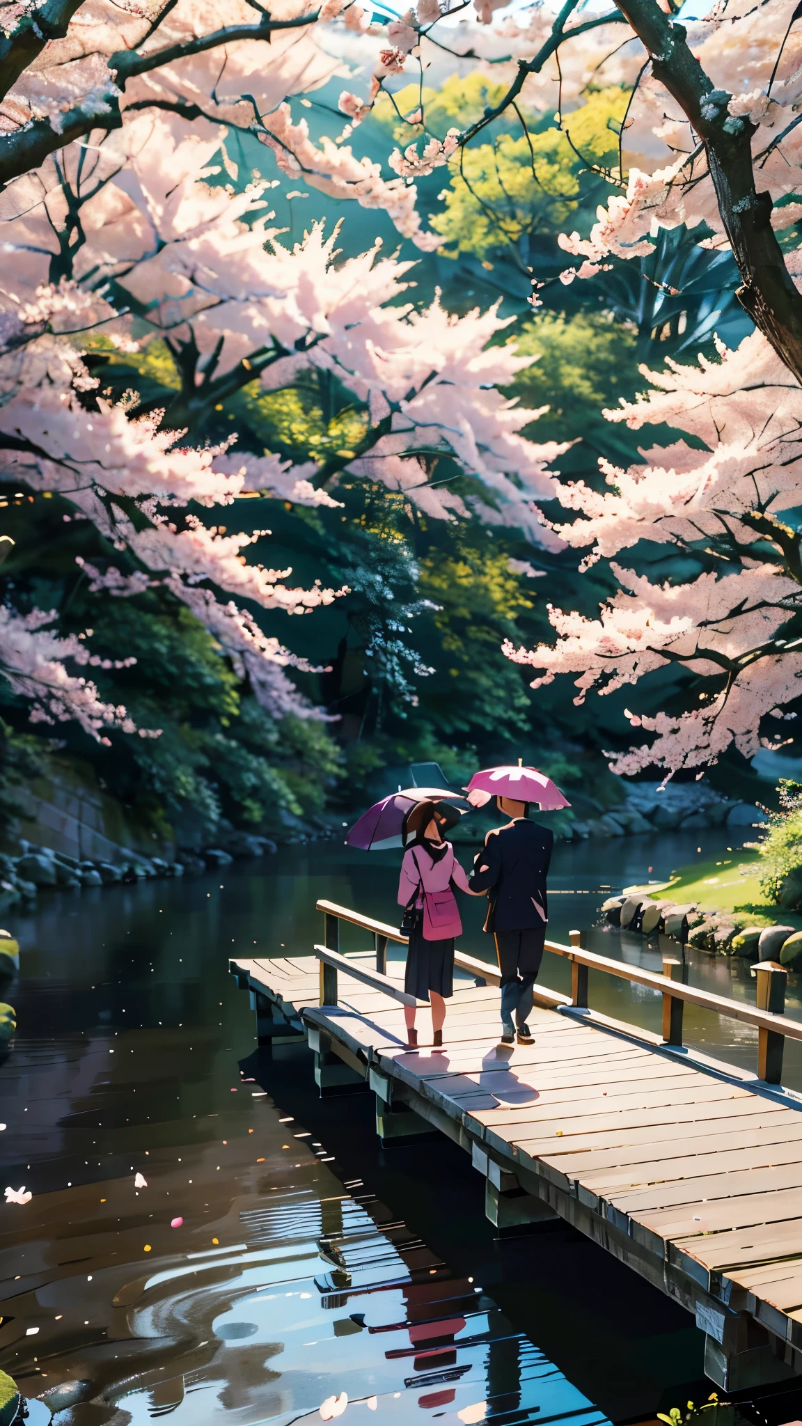Two high school students, a boy and a girl, are standing on a wooden bridge that spans a tranquil stream. Cherry blossom petals drift gently on the breeze around them, creating a picturesque scene. The boy is holding an open umbrella over their heads, shielding them from a light spring rain. They are smiling at each other, enjoying the moment despite the weather. Behind them, a row of cherry blossom trees lines the banks of the stream, their branches heavy with delicate pink blooms.