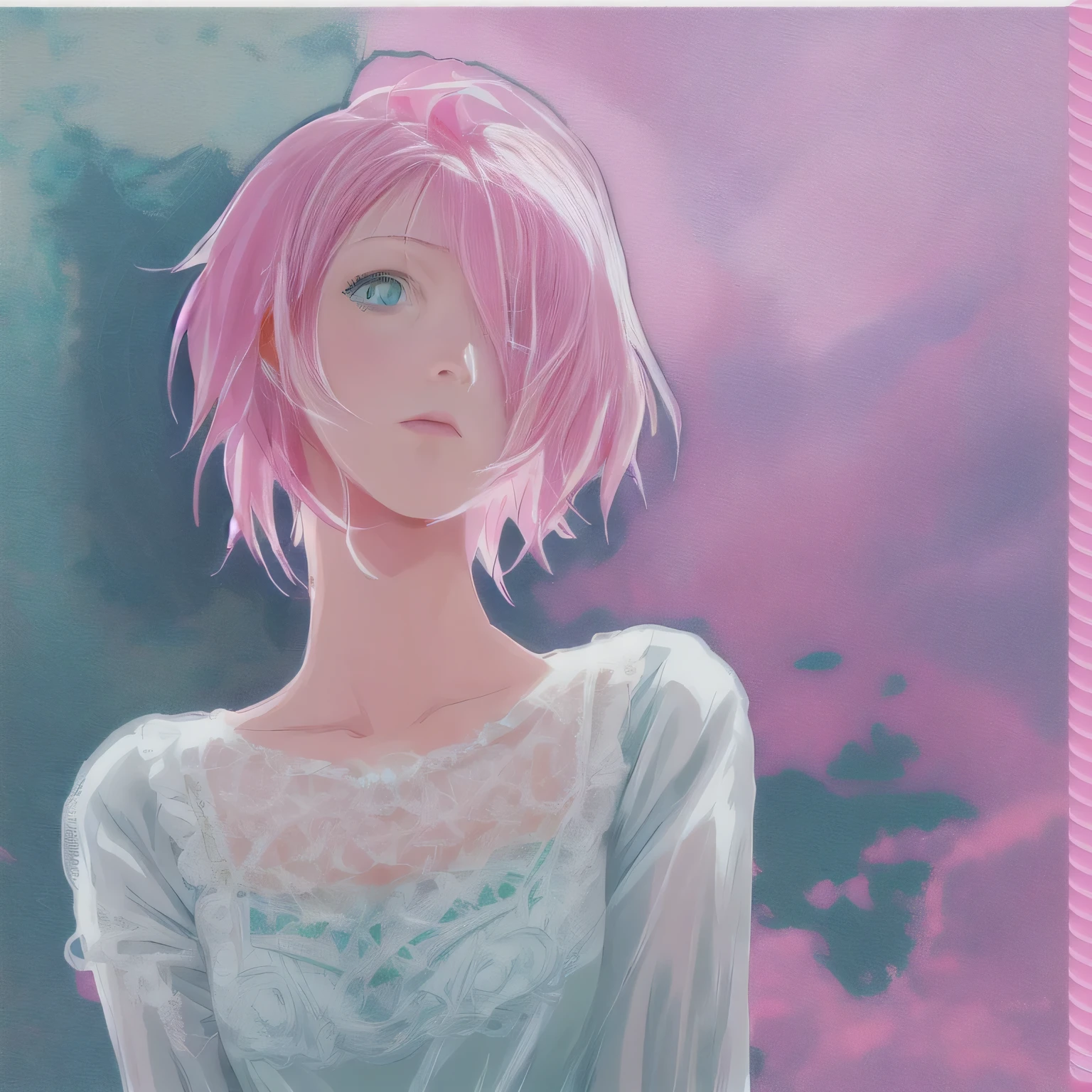 anime girl with pink hair and green eyes in white dress, with pink hair, made with anime painter studio, painted in anime painter studio, semirealistic anime style, speedpaint, cute girl with short pink hair, pink girl, digital anime art!!, lowres, some pink, anime style portrait, unknown artstyle, pink twintail hair and cyan eyes