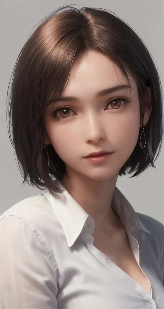 (masterpiece、highest quality、photorealistic、High resolution、photograph、:1.3)、Very close up、sharp focus、30 year old mature woman、small face、no makeup、hot models、Highly detailed eyes and pupils、realな肌、slim body shape、short cut hair、dark brown hair、delicate and sexy face、sensual gaze、glossy lips、(He is wearing a white collared shirt with the top button undone.)、small breasts、bust B cup、No bra、pendant wear、((real、超real、real、realなディテール))、cool beauty、sexy style、gray background