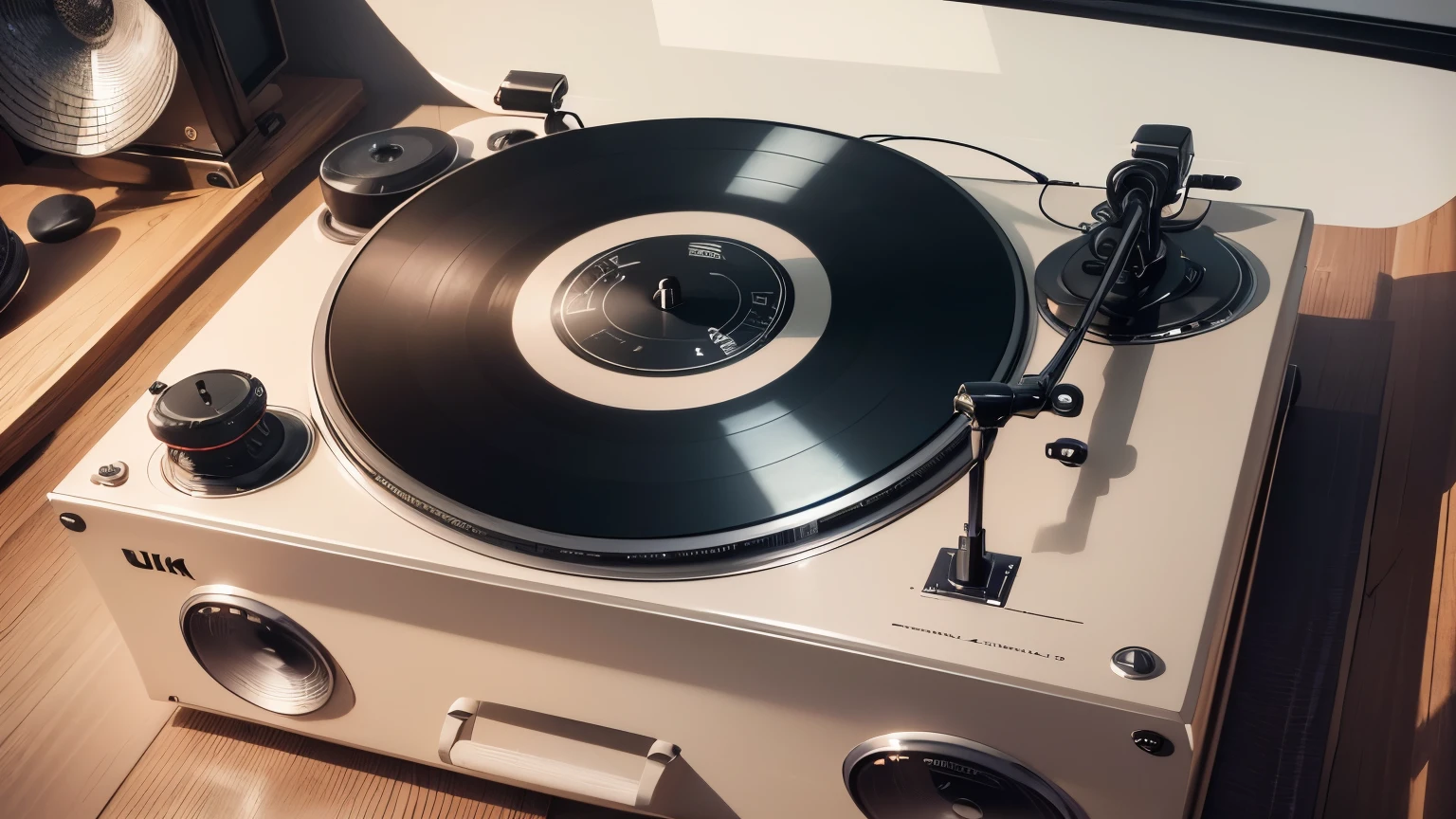 (best quality,4k,8k,highres,masterpiece:1.2),ultra-detailed,(realistic,photorealistic,photo-realistic:1.37),top-down view,High Angle Camera,close-up, silver vintage vinyl record player, vinyl record playing on the record player, slow motion,
