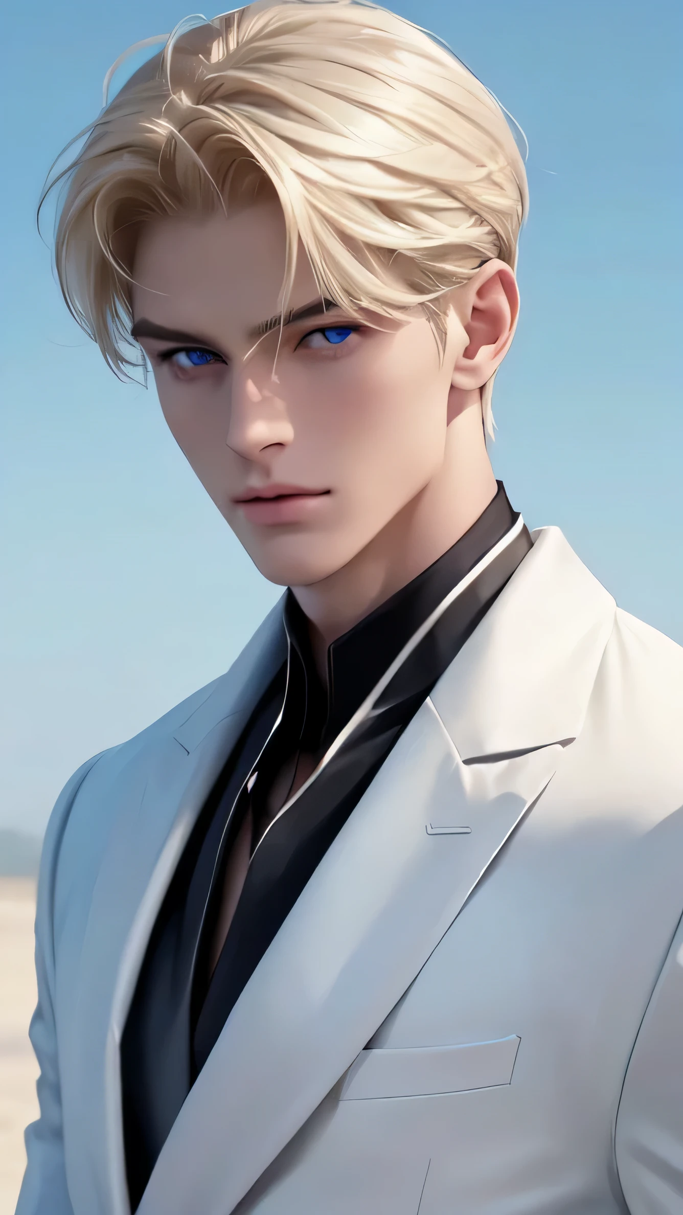 A very handsome boy, tall, muscular, slim, gorgeous, beautiful, sharp jawline, blonde hair, bangs, white skin, black jacket, photoshoot, blue eyes, perfect, detail, real, unreal beauty, symmetrical, ultra hd quality, best quality