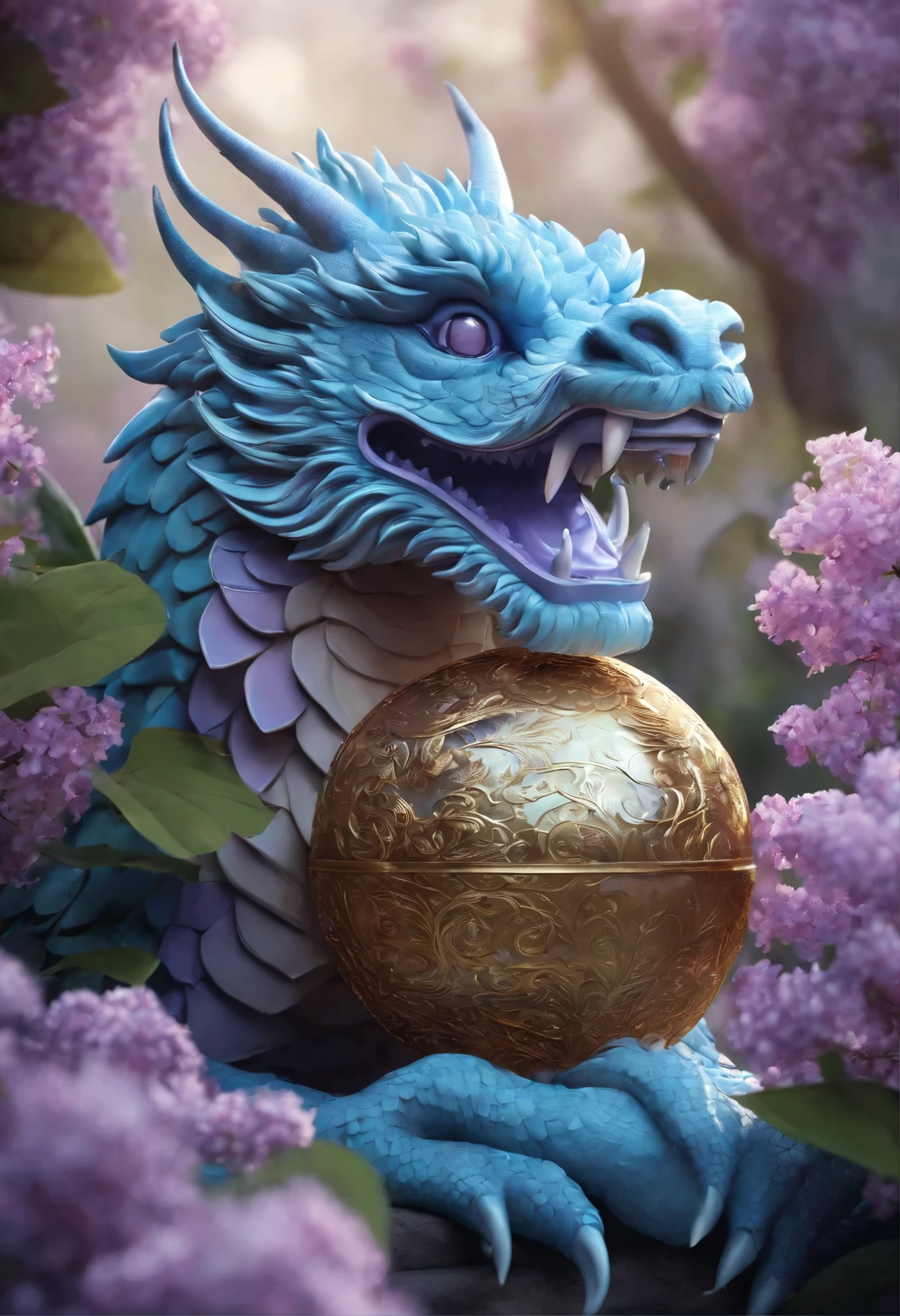 "Very nice 3d rendering of a lilac Chinese dragon，The background is a flower garden、He is holding a crystal ball in his right hand.、Dynamic performance, Vibrant effects and details，best image quality，High resolution，lots of colors,　Bunch of coins, treasure"