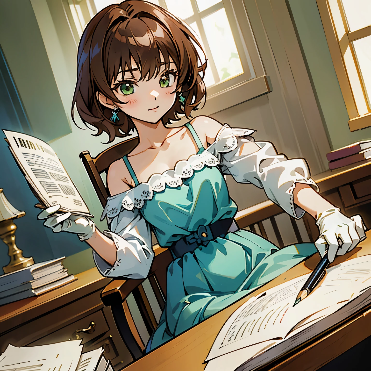 shoko sashinami, valvrave, masutepiece, Best Quality, Ultra-detailed, 1 girl, brown hair, green eyes, underwear, dress, lace dress, blue camisole, white sweater, half-sleeves, off-shoulder sleeves, Metamorphosis is exposed, Bedroom, bed, desk, paper, book, pen, quill on the desk, holding a pen in the right hand of white gloves, sitting on a chair
