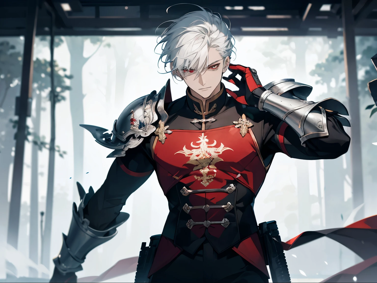 1 man, teacher, wearing white shirt, red adventure suit with some armor, black long pants, white hair, short hair, red eyes, not a serious face, face to detail, detailed eyes, the background is a forest in china