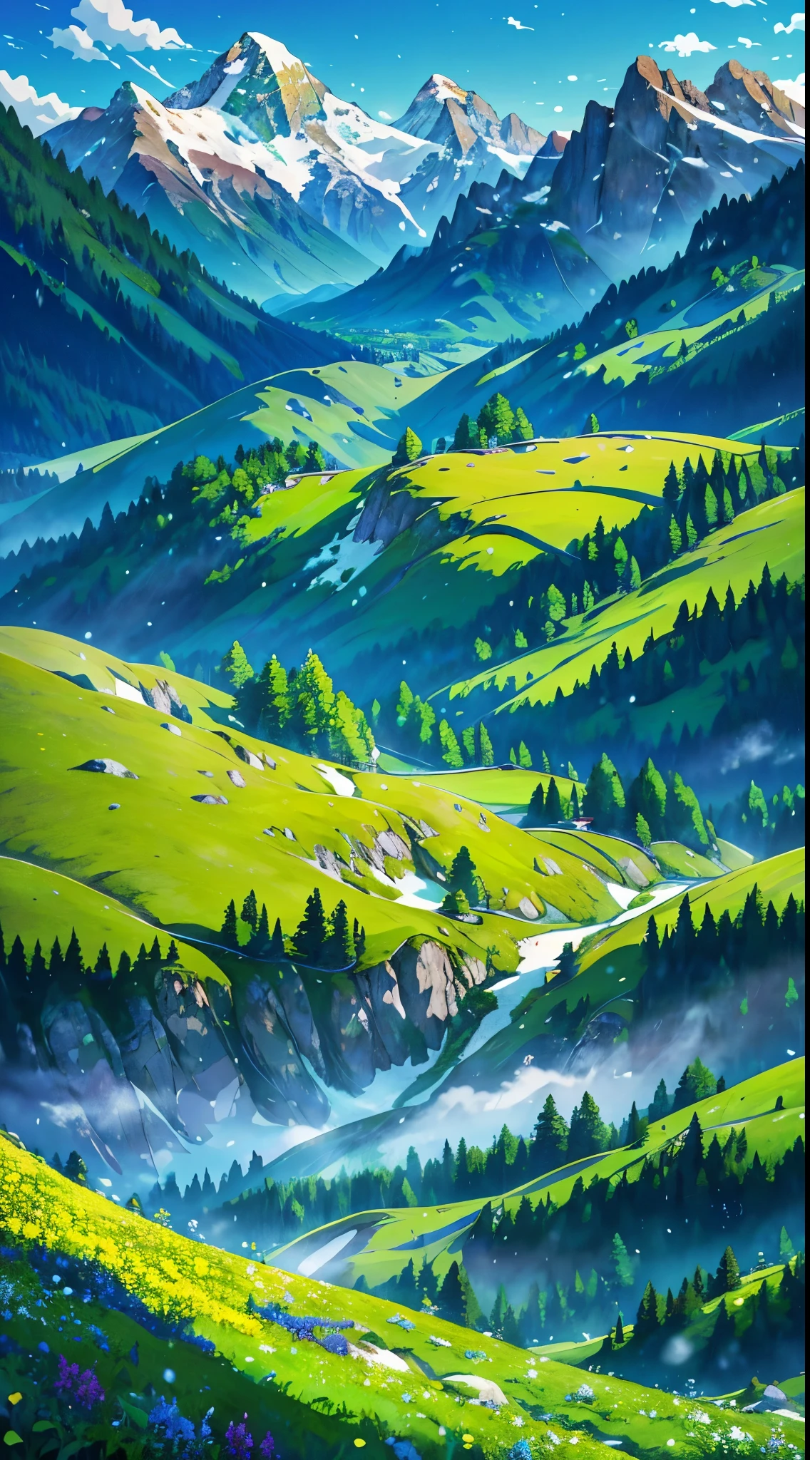 In a remote alpine meadow, you'll find a breathtaking natural canvas. Verdant fields of emerald green stretch to the horizon, framed by towering peaks capped with glistening ivory snow. Amid the green, you'll spot vibrant wildflowers in shades of crimson, azure, and goldenrod, adding a touch of color to this serene mountain paradise.
