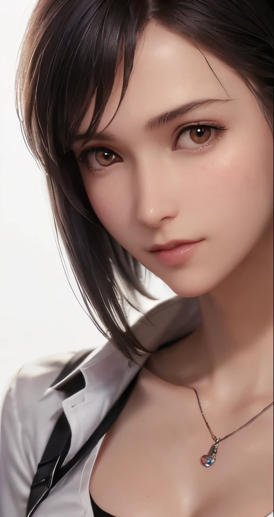 (masterpiece、highest quality、photorealistic、High resolution、photograph、:1.3)、Very close up、sharp focus、30 year old mature woman、small face、no makeup、hot models、Highly detailed eyes and pupils、realな肌、slim body shape、short cut hair、dark brown hair、delicate and sexy face、sensual gaze、glossy lips、(He is wearing a white collared shirt with the top button undone.)、small breasts、bust B cup、No bra、pendant wear、((real、超real、real、realなディテール))、cool beauty、sexy style、gray background
