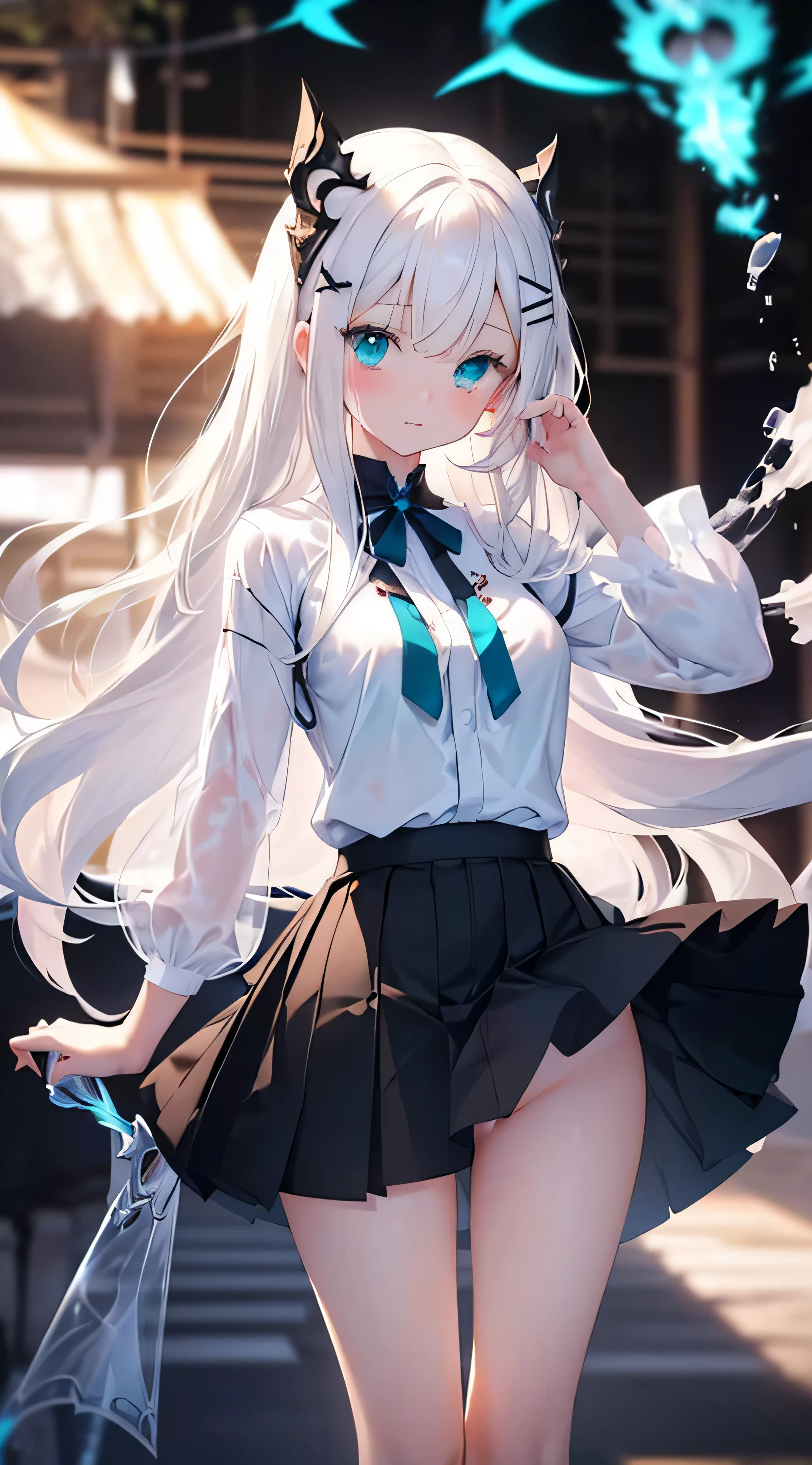 Masterpiece. shiroko model, dready (A girl with beautiful detailed eyes, long hair, (white light hair), bright bright aqua eye, (medium breast).(Young girl , cute girl). White shirt. Open breast. embarased. Tears. black hair Clip. Black short skirt. Little pussy. Perfect legs. The depth of field in the photo is perfect and the lens flare adds a nice touch. The fine details on her face really stand out, score because of this photo Definitely greater than 10. Blood come out from girl pussy