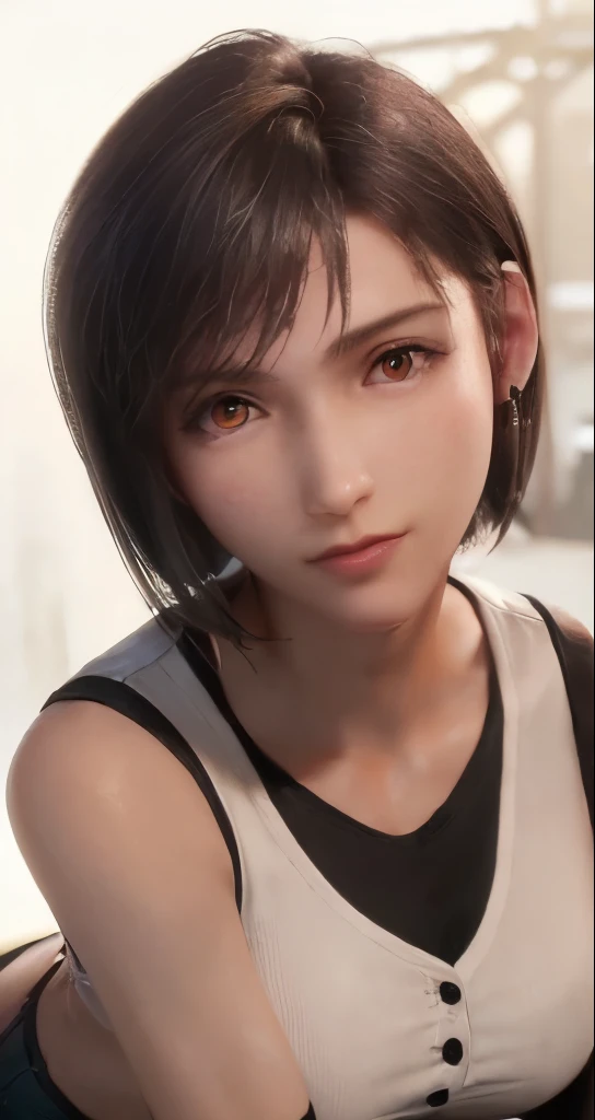 (masterpiece、highest quality、photorealistic、High resolution、photograph、:1.3)、Very close up、sharp focus、30 year old mature woman、small face、no makeup、hot models、Highly detailed eyes and pupils、realな肌、slim body shape、short cut hair、dark brown hair、delicate and sexy face、sensual gaze、glossy lips、(He is wearing a white collared shirt with the top button undone.)、small breasts、bust B cup、No bra、pendant wear、((real、超real、real、realなディテール))、cool beauty、sexy style、gray background