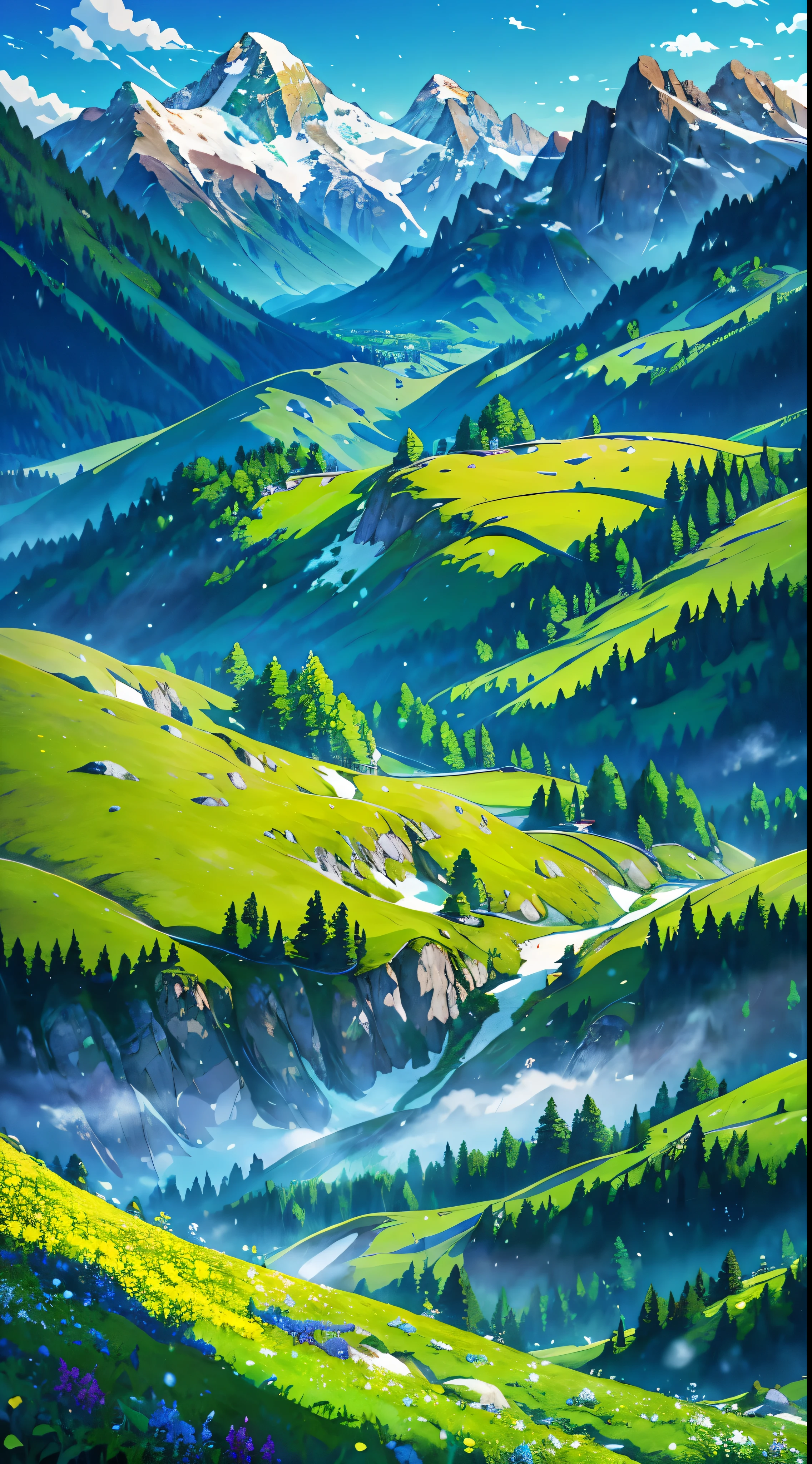 In a remote alpine meadow, you'll find a breathtaking natural canvas. Verdant fields of emerald green stretch to the horizon, framed by towering peaks capped with glistening ivory snow. Amid the green, you'll spot vibrant wildflowers in shades of crimson, azure, and goldenrod, adding a touch of color to this serene mountain paradise.
