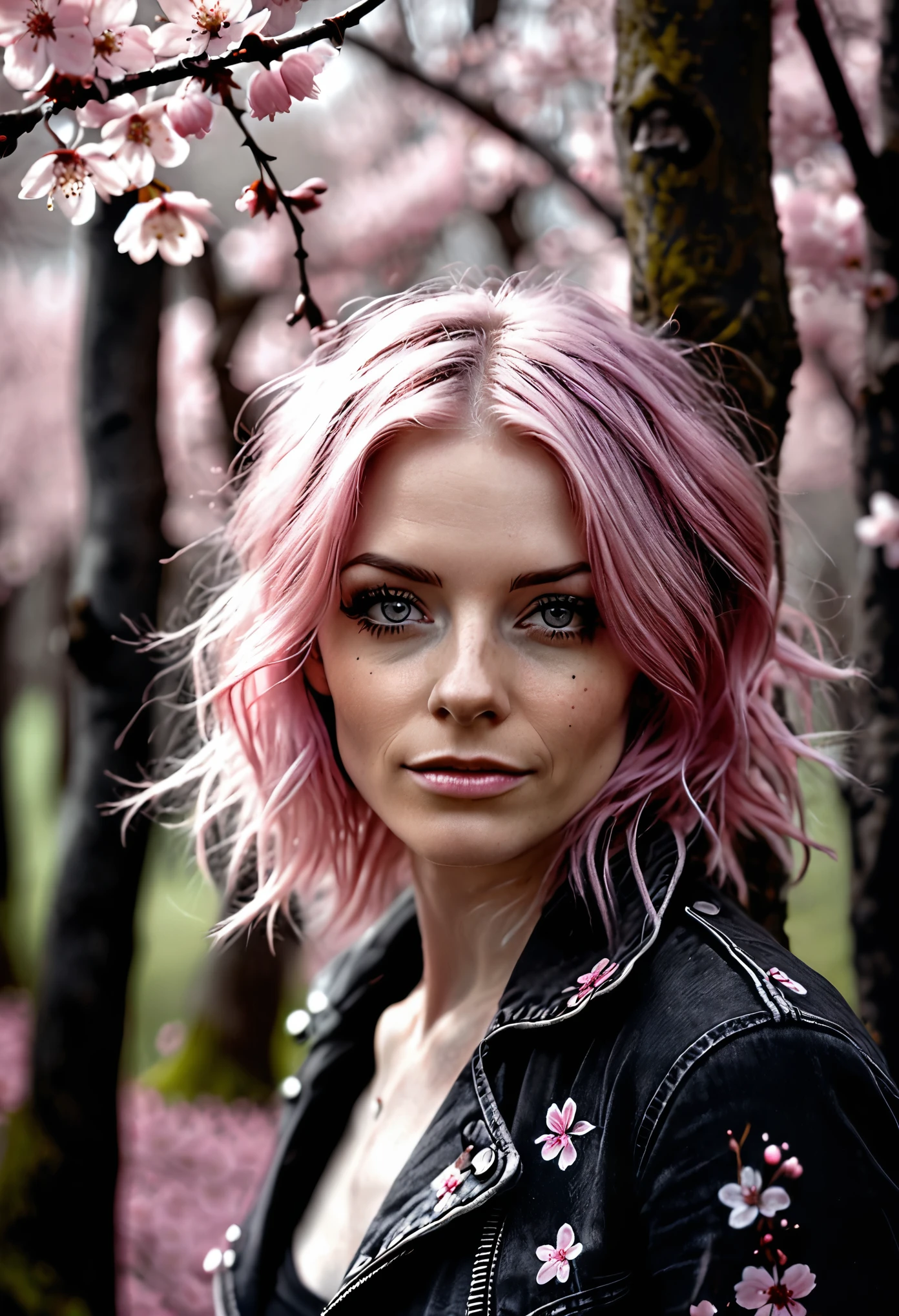 (Realistic:1.4), analog photo style, depth of  field,  full length photo of cute woman with dusty pink hair in a cherry blossom woods, on black canvas, ominous landscapes, light grey and pink, energy-filled illustrations, extremely sexy, detailed face and eyes, no makeup, little smiling, highly detailed, dark fantasy aura,  faded colours. 