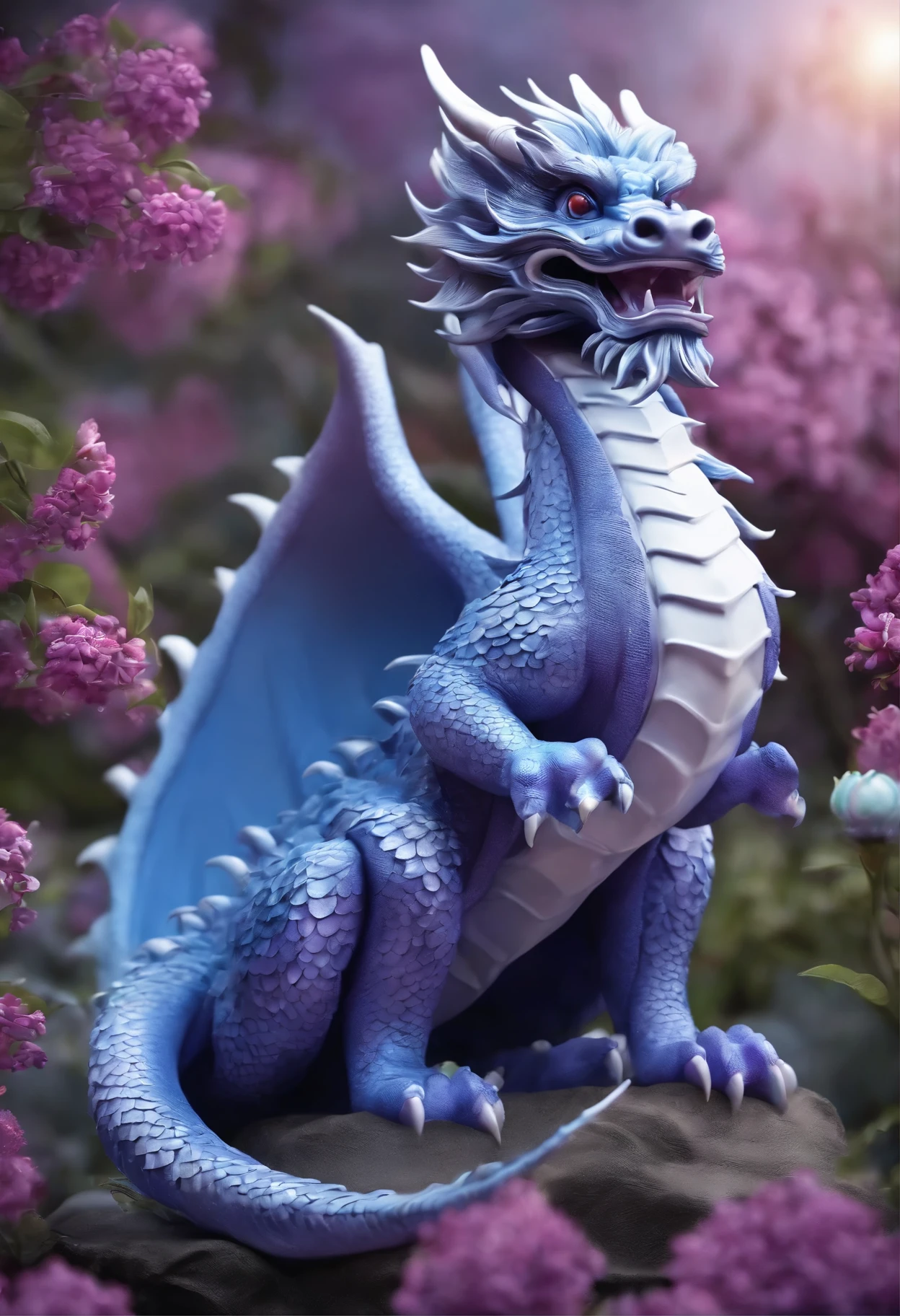 "Very nice 3d rendering of a lilac Chinese dragon,The dragon's face is kind、The background is a light blue flower garden、The dragon is holding a crystal ball with its paws、Dynamic performance, Vibrant effects and details,best image quality,High resolution,