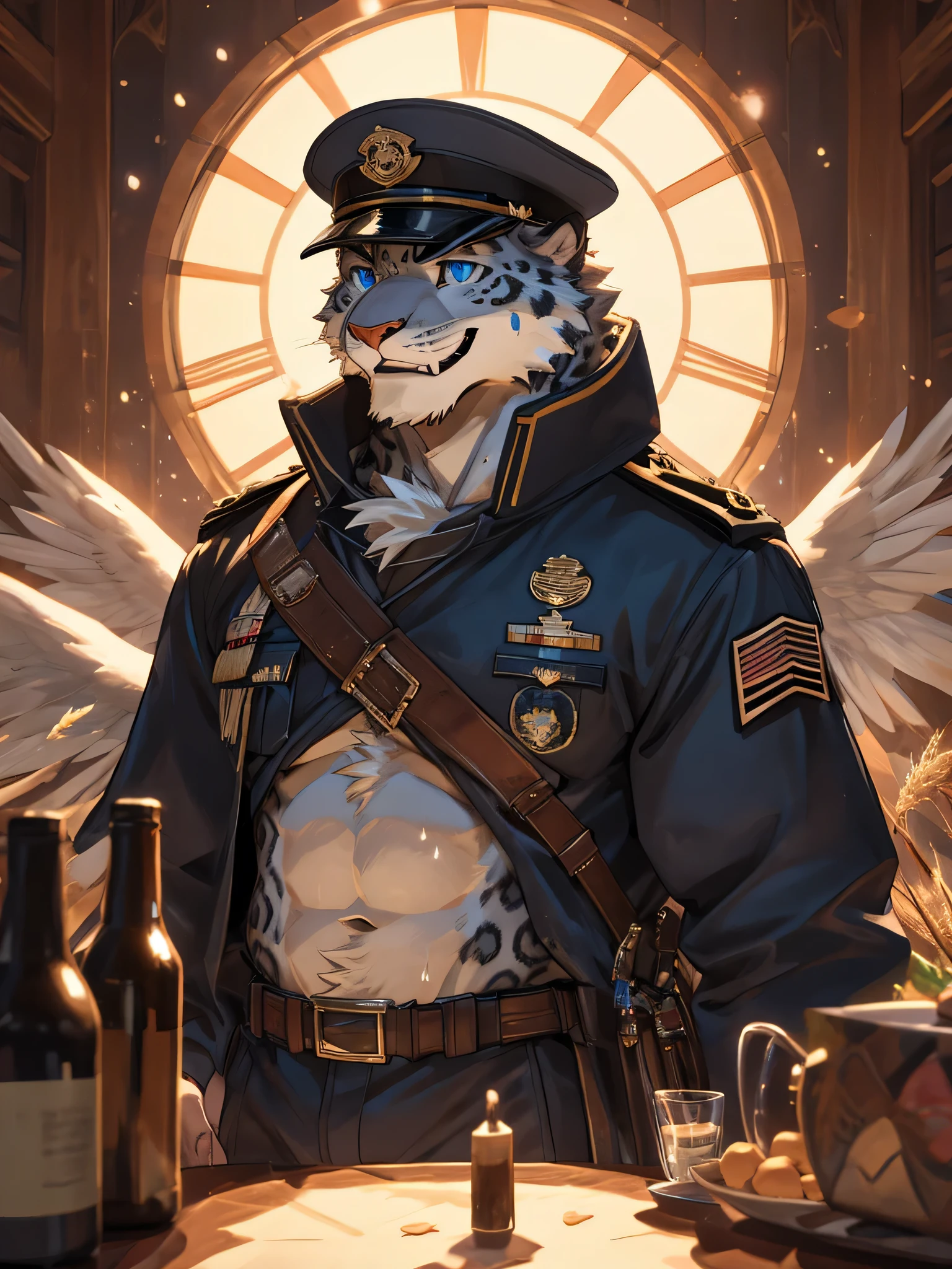 A snow leopard wearing a military cap with two black and white halves. There is a miniature animal flag in the middle of the hat - there is a perfectly sized circle on the front of the hat, There are five five-pointed stars in it，Surrounding a dove of peace flying with ears of wheat, The eye on the left is bright red, Blue eyes on the right, Turn up your nose confidently, grin, and a steady stream of sweat, through his strong chest and abdominal muscles