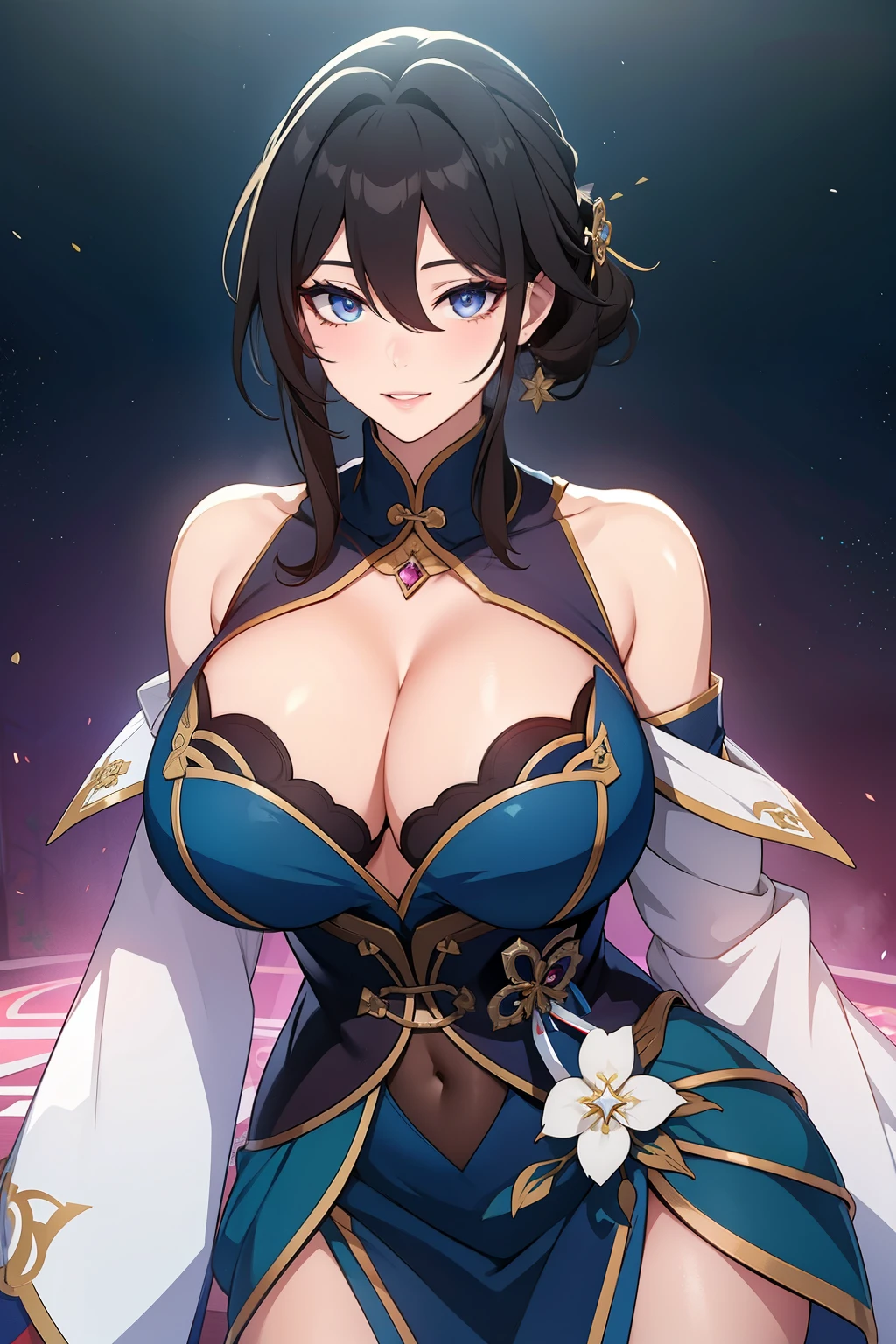 An anime-style artwork depicting ruan mei from the game Honkai star rail.

Tags: ruan mei, anime, detailed eyes, detailed lips, dress, smiling expression, intense gaze, glowing emblem on hand, dynamic pose, mystical background, vibrant colors, digital art, high-resolution, professional quality, gigantic breasts, cleavage, curvy, cowboy shot, gigantic breasts