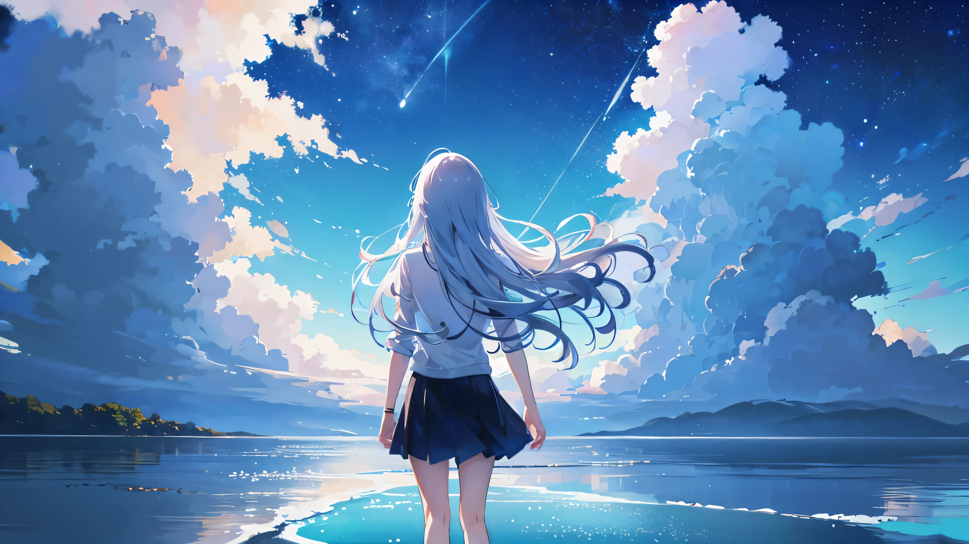 Anime Style Makoto Shinkai, Anime Characters A girl (white long hair) Standing on Pier And Looking At The Sky facing backwards, Cosmic Sky With Dramatic Color, Backview, Makoto Shinkai Style Art, Best Quality, she is facing the sea and sky. High quality. 4k. Render cute detailed.