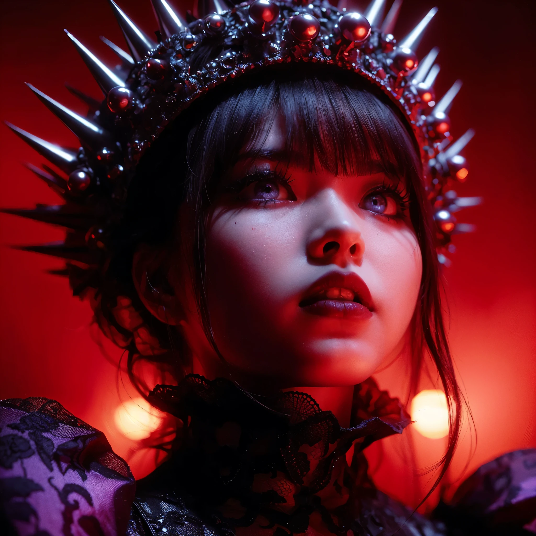 ((very sharp photo result & detailed face)) (((textile shading))), (((Best Quality))), (((masterpiece))) (((hyper realistic photo)) red light mood, shade backlight keylight shoot, macro shoot tight close up face of a japanese vocalist girl with spike crown, she possesed expressively, white eyes,purple gown black lace, detail face facial pore skin, dark stage red smoke on a night concert as background, dark dramatic spotlight lamp on her, taken with hasselblad camera. HDR10 8K