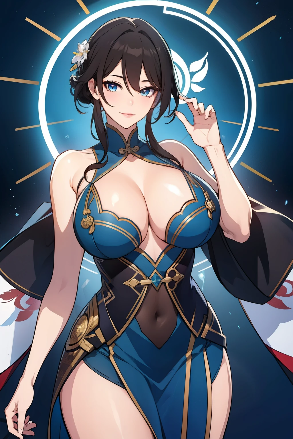 An anime-style artwork depicting ruan mei from the game Honkai star rail.

Tags: ruan mei, anime, detailed eyes, detailed lips, dress, smiling expression, intense gaze, glowing emblem on hand, dynamic pose, mystical background, vibrant colors, digital art, high-resolution, professional quality, gigantic breasts, cleavage, curvy, cowboy shot, gigantic breasts