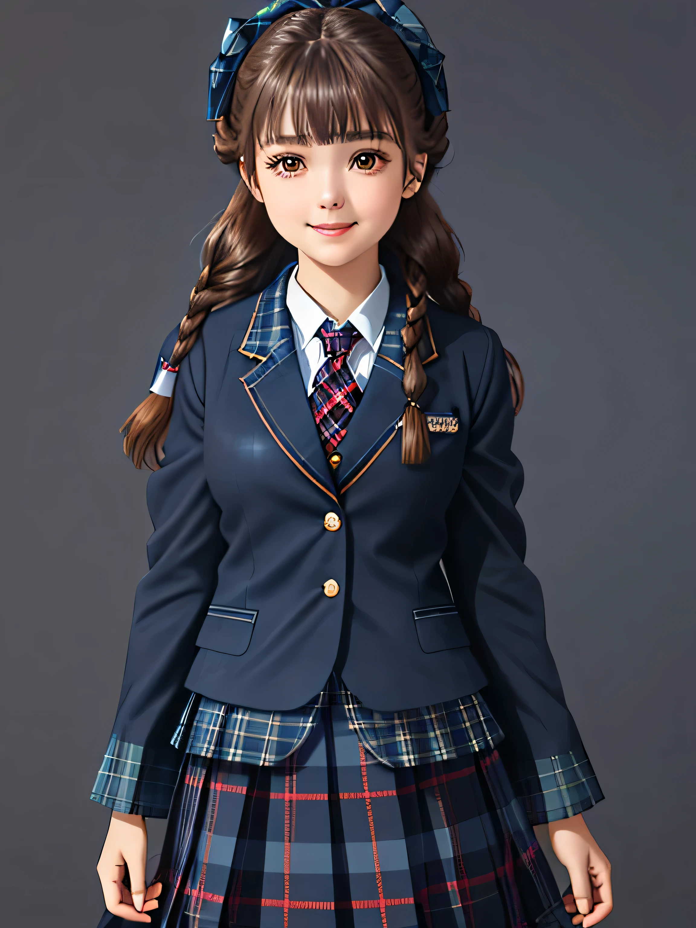 (16 year old Japanese girl), height: 160cm, (((very cute & very large brown eyes))), Very beautiful portrait, realistic cute girl drawing, amazing digital paintings, elegant digital paintings, baroque digital painting, detailed beautiful portrait, ((((dark blue & Deep navy tartan check middle long skirt)))),((((dark blue school blazer)))), ((Big blue school ribbon on the chest)), (((Braid hairstyles))), ((looking at the viewer)), ((Transparent pure white skin)), ((very white skin)), ((small face)), ((pretty bangs)), ((long eyelashes)), (((close your eyes and smile))), ((put your hand on your chest)), ((The corners of the eyes are drooping)), ((thin eyebrows))