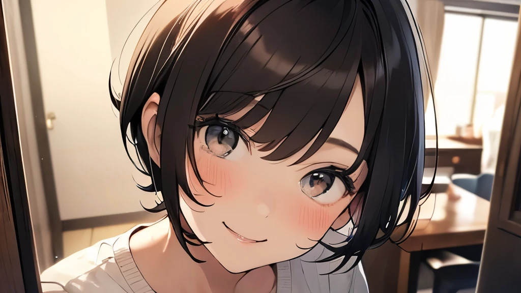 22 year old woman、hair cut short、hair is brown、eyes are big、gentle smile、one's home、