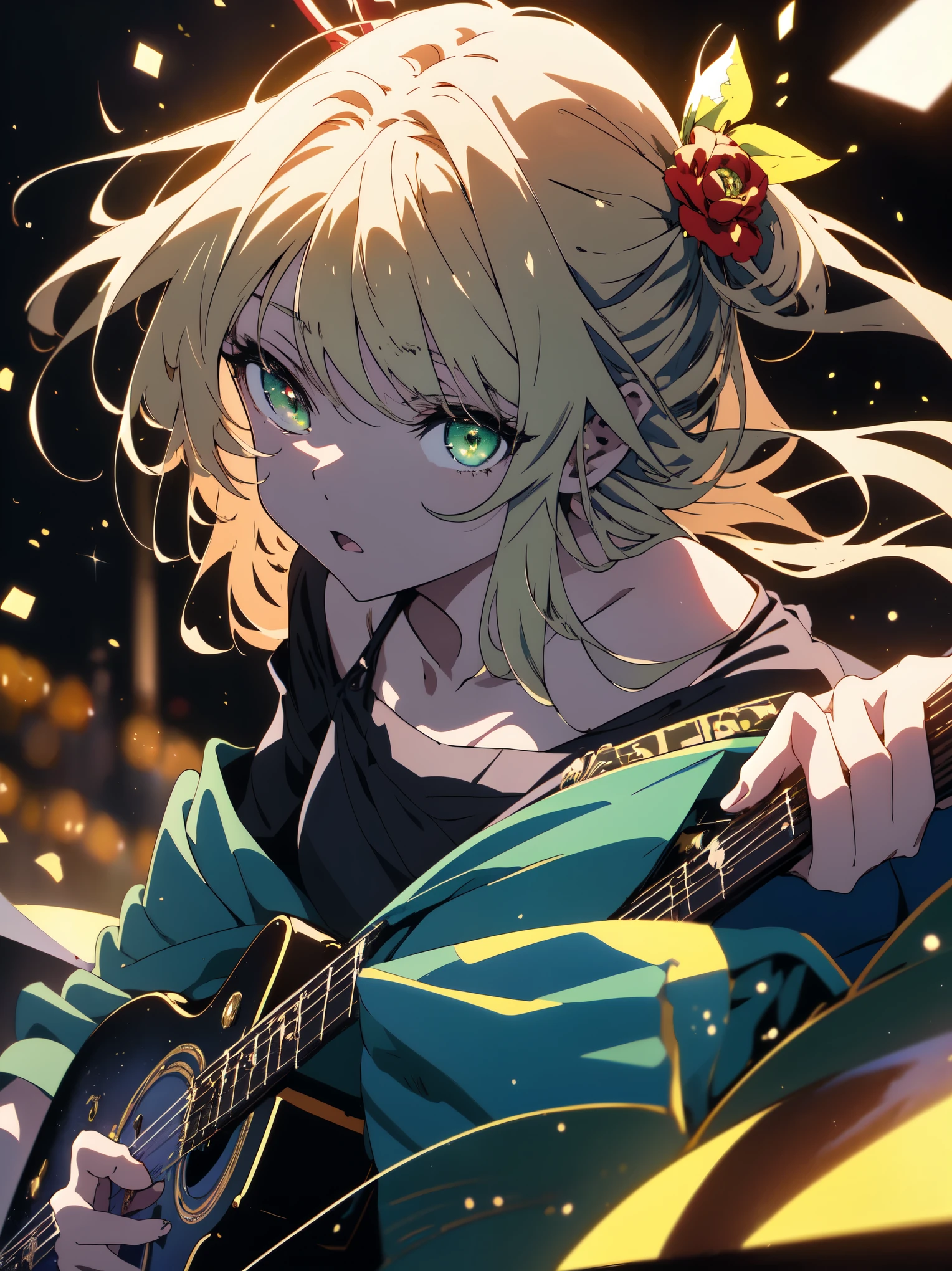 highest quality, masterpiece, 超High resolution, (beautiful anime: 1.4), original photo,(Shining eyes、detailed美しい顔)、 1 girl, green eyes, off shoulder, cinematic lighting,band live、play the guitar、stand in front of a stand microphone and sing、(highest quality、masterpiece、High resolution、detailed)