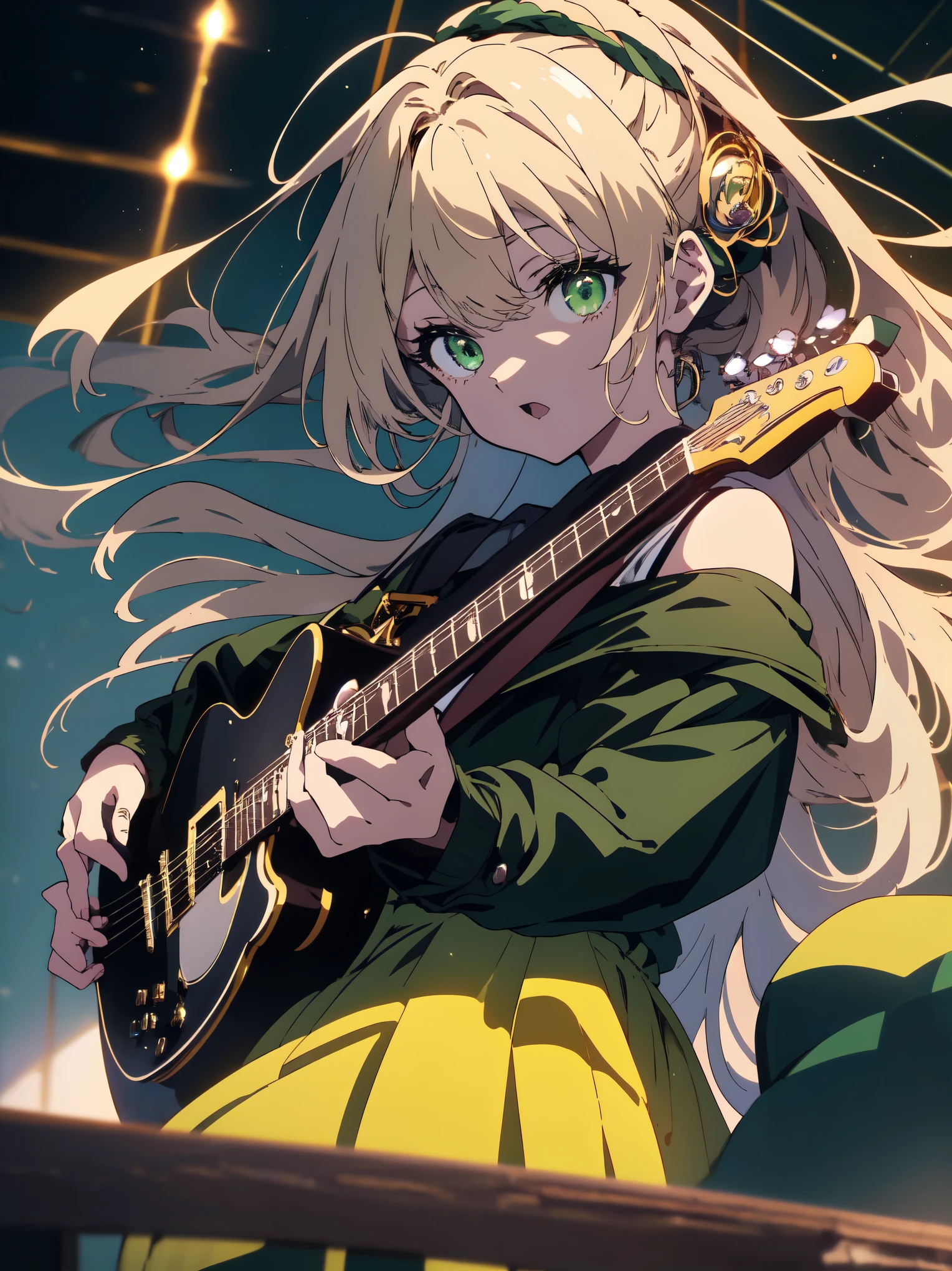 highest quality, masterpiece, 超High resolution, (beautiful anime: 1.4), original photo,(Shining eyes、detailed美しい顔)、 1 girl, green eyes, off shoulder, cinematic lighting,band live、play the guitar、stand in front of a stand microphone and sing、(highest quality、masterpiece、High resolution、detailed)