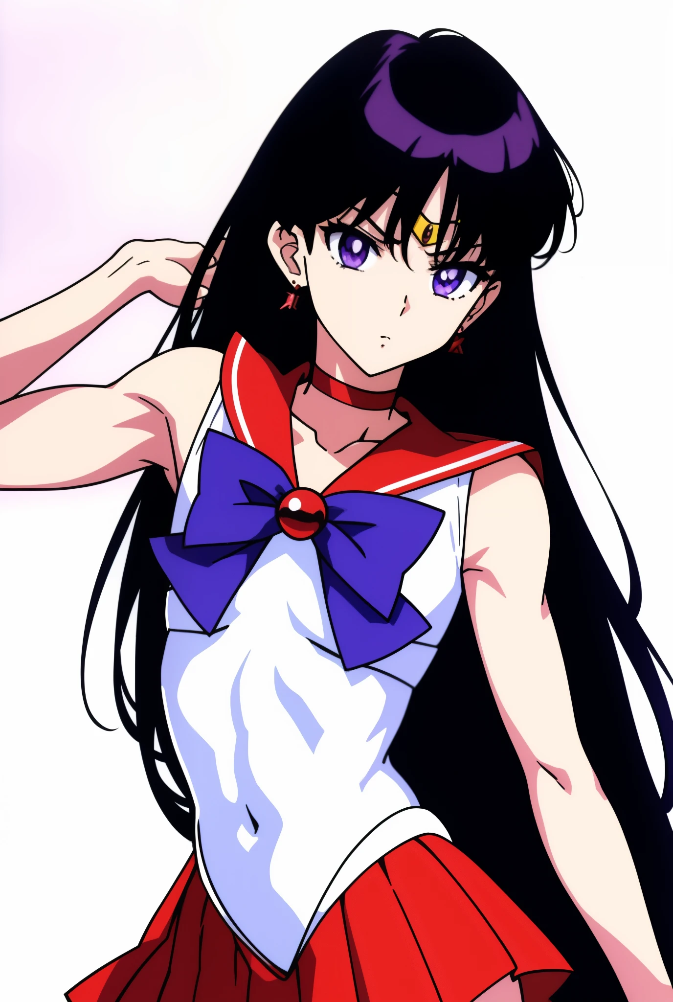 highest quality anime art、masterpiece、high definition anime art、4Kstyle、High resolution、sailor mars、anime boy、かっこいいanime boy、gender change、gender change(girl to boy)、sailor warrior uniform、Rei Hino、Masculinization、solo、red sailor collar、blue bow tie、boy with very long black hair、flames around him、skirt、magical boy、red choker、white leotard、high leg leotard、white dress, traditional_media、fire、liparker_(medium)、red skirt、neck、Upper body、burning、elbow bag、wearing makeup、jewelry、golden circlet、glaring at、white gloves、eyelash、red lipstick、mocking、muscular man、flame、blue_bow、mini skirt、pleated skirt、bare shoulders、red_back_bow、muscular and strong body、blue_bow_tie、earrings、boy with purple eyes、black eyed boy、multicolored_background、covered_navel、Hymn to the King as a Prince、(1990s\(style\):0.9)